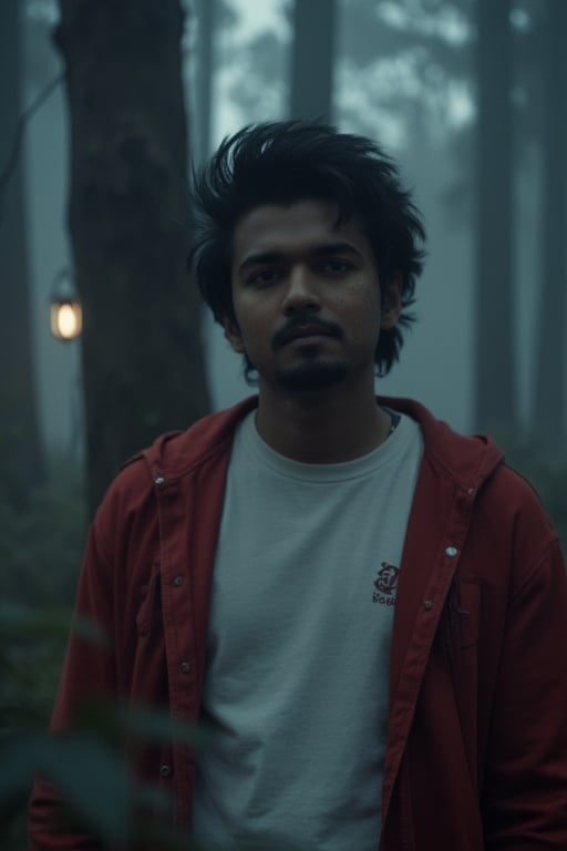 A somber, misty forest serves as the backdrop for jeevan enigmatic presence. Framed by towering trees, jeevan solemn expression is illuminated only by the faint glow of a distant lantern, casting eerie shadows on his weathered face. His red hoodie and white tshirt blend with the foliage, as if he has been camouflaged among the ancient trunks. A sense of foreboding settles over the scene, hinting at secrets hidden in the depths of the forest.