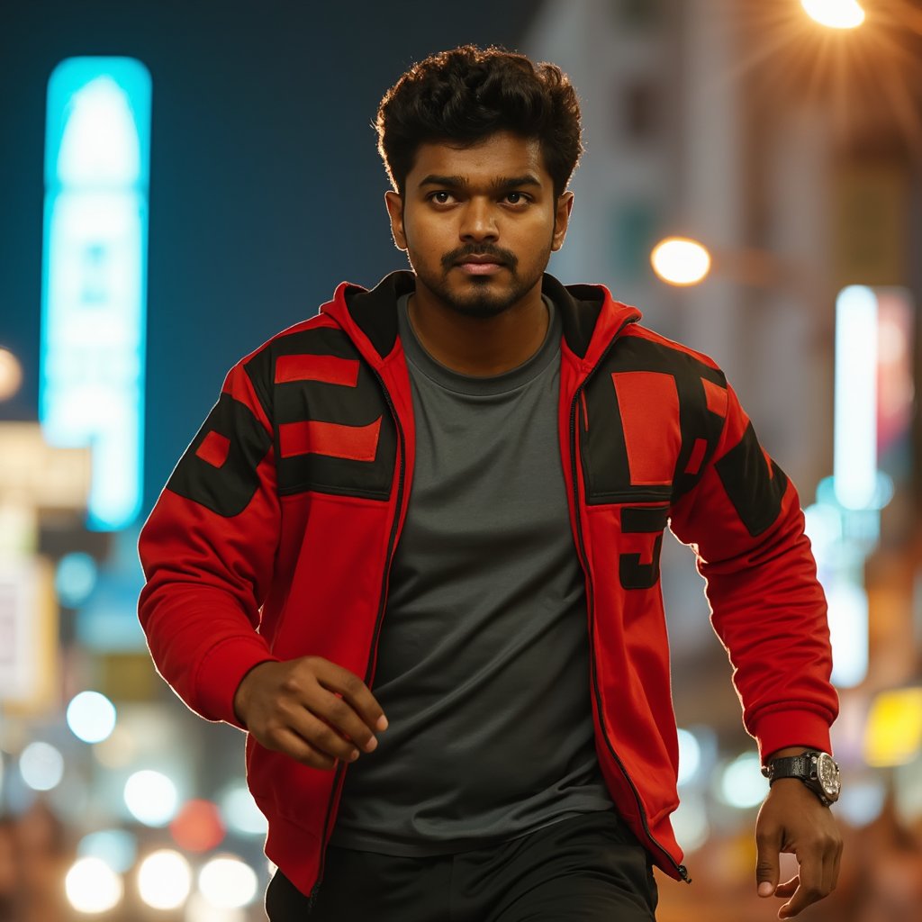 A cinematic close-up captures ghilli vijay running amidst a bustling metropolis, skyscrapers and neon lights. He's dressed in a red and black hoodie, inside grey t-shirt, and dark track pant, exuding confidence as he surveys the urban landscape. The warm glow of streetlights illuminates his determined expression.