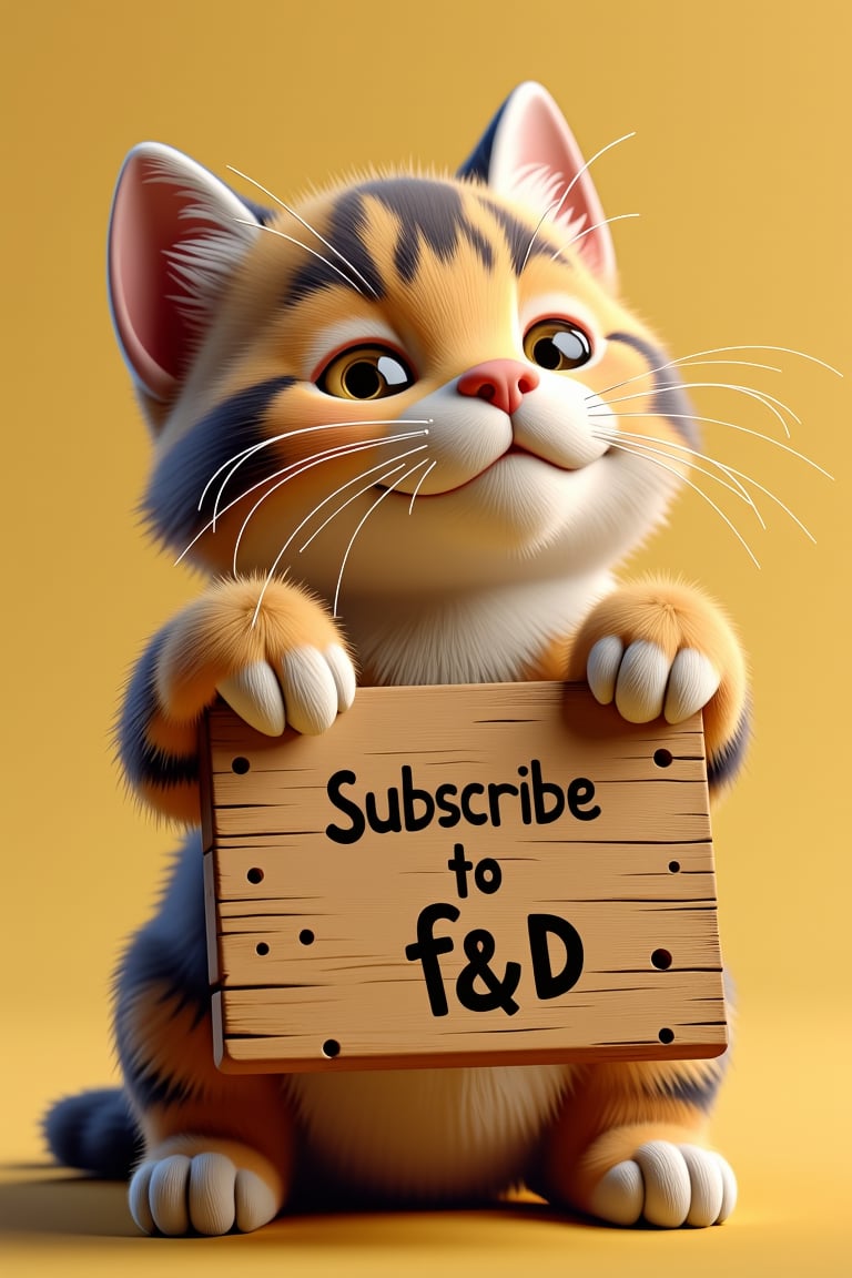 3d render of a whimsical close-up shot of a curious cat grasping a weathered wooden sign in its paws. The sign reads 'Subscribe to f&D' in bold, childlike letters. Soft, warm lighting illuminates the cat's fur, with subtle shadows accentuating its whiskers and nose. The background is a blurred, creamy yellow, evoking a sense of nostalgia and simplicity.\