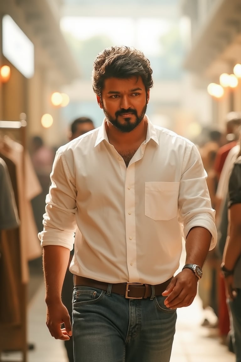 actor vijay, dressed casually in a white shirt and jeans, walks into a bustling mall, his eyes scanning the store displays as he searches for a specific item. Natural light pours in through the large windows, casting a warm glow on his face. He pauses by a rack of shirts, his hands instinctively reaching out to touch the fabric. The camera captures his candid expression, a mix of focus and distraction, as he takes in the sights and sounds of the busy mall.