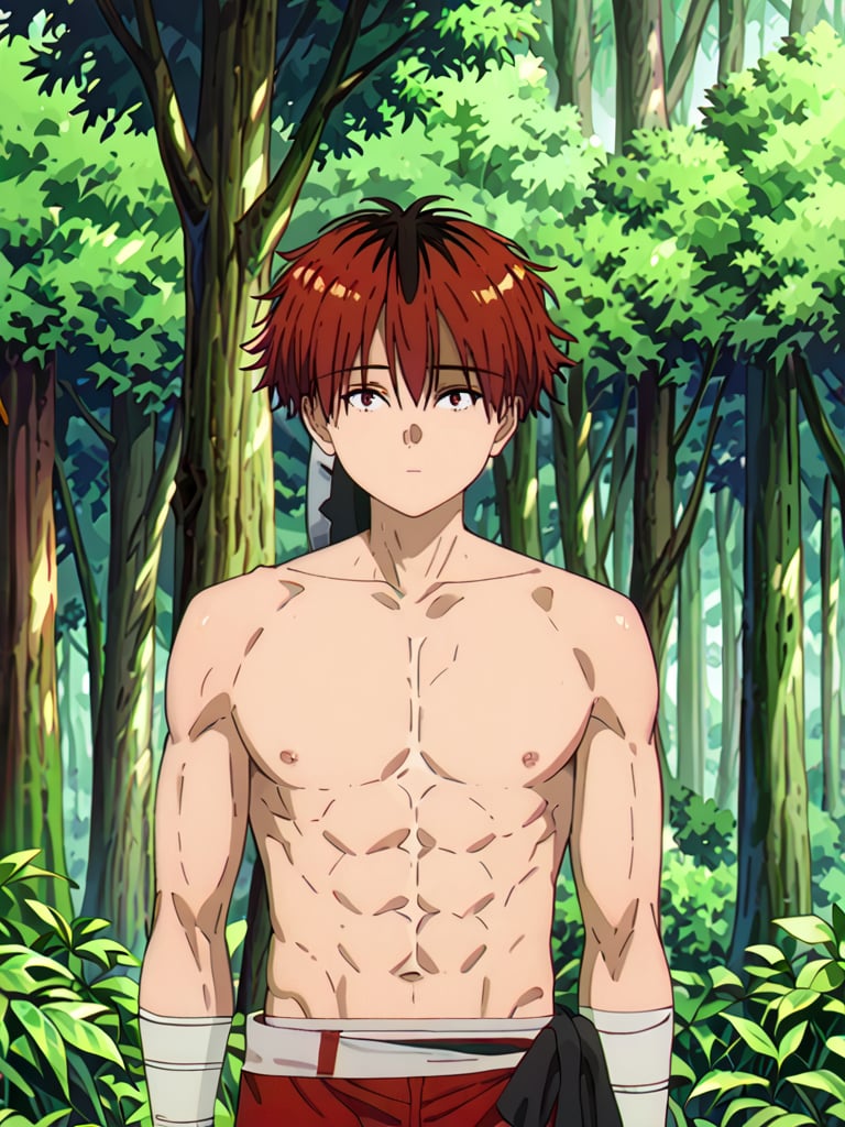 score_9, score_8_up, score_7_up, masterpiece, best quality, 1boy, male_focus, stark_sousou_no_frieren,red hair,red eyes, looking_at_viewer, forest, (shirtless), toned abs, masterpiece, best quality, (perfect proportions), (perfect face, detailed face),