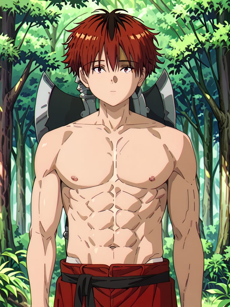 score_9, score_8_up, score_7_up, masterpiece, best quality, 1boy, male_focus, stark_sousou_no_frieren,red hair,red eyes, looking_at_viewer, forest, (shirtless), toned abs, masterpiece, best quality, (perfect proportions), (perfect face, detailed face),