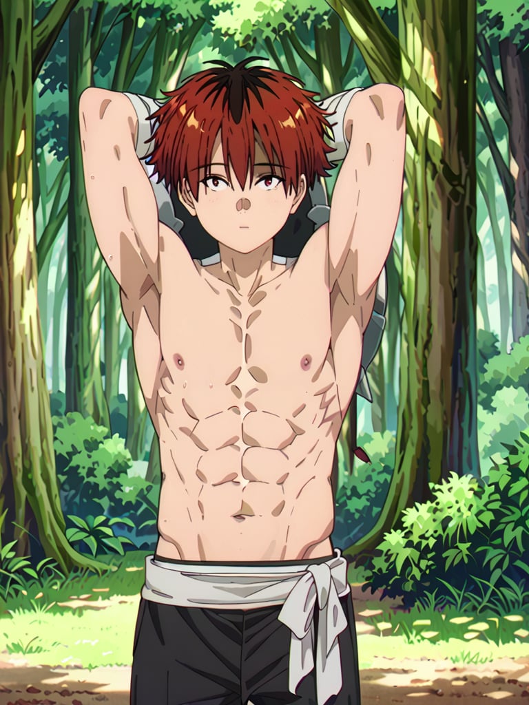 score_9, score_8_up, score_7_up, masterpiece, best quality, 1boy, male_focus, stark_sousou_no_frieren,red hair,red eyes, looking_at_viewer, forest, black pants, arms behind head, (shirtless), toned abs, masterpiece, best quality, (perfect proportions), (perfect face, detailed face), full body