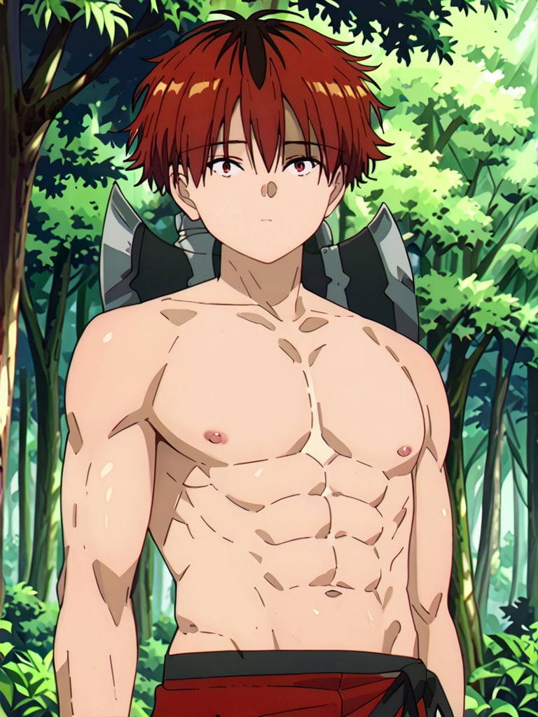 score_9, score_8_up, score_7_up, masterpiece, best quality, 1boy, male_focus, stark_sousou_no_frieren,red hair,red eyes, looking_at_viewer, forest, (shirtless), toned abs, masterpiece, best quality, (perfect proportions), (perfect face, detailed face)