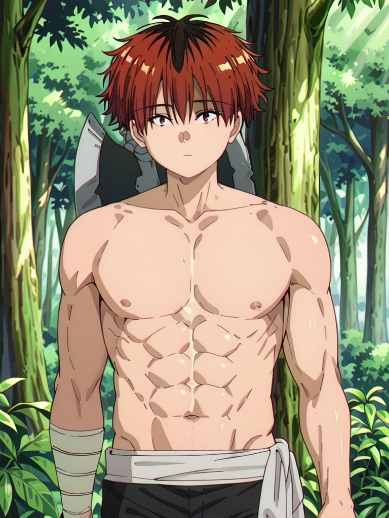 score_9, score_8_up, score_7_up, masterpiece, best quality, 1boy, male_focus, stark_sousou_no_frieren,red hair,red eyes, looking_at_viewer, forest, black pants, (shirtless), toned abs, masterpiece, best quality, (perfect proportions), (perfect face, detailed face), full body