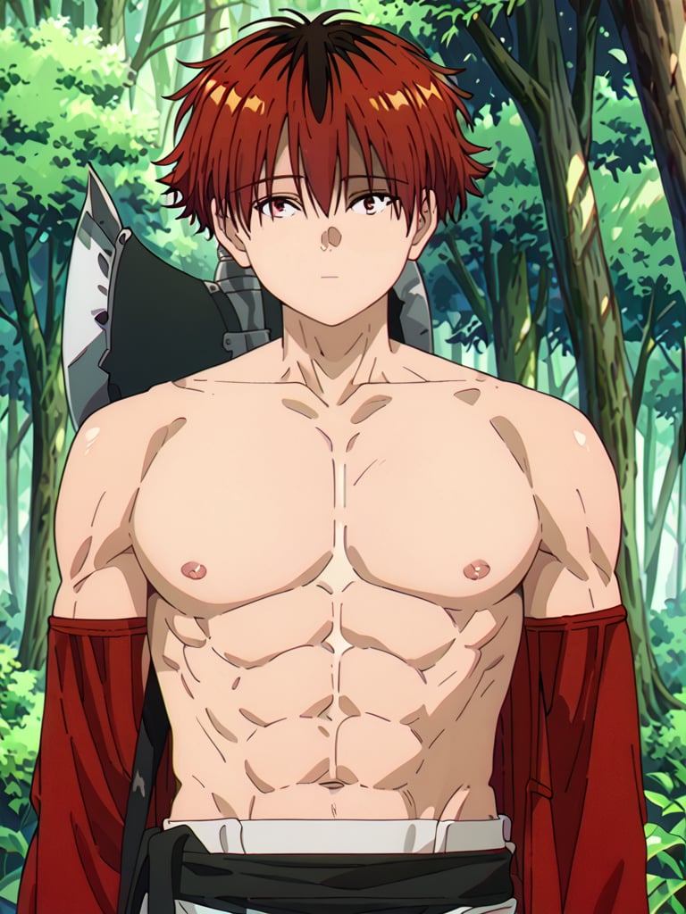 score_9, score_8_up, score_7_up, masterpiece, best quality, 1boy, male_focus, stark_sousou_no_frieren,red hair,red eyes, beautiful eyes, looking_at_viewer, forest, (shirtless), toned abs, masterpiece, best quality, (perfect proportions), (perfect face, detailed face),