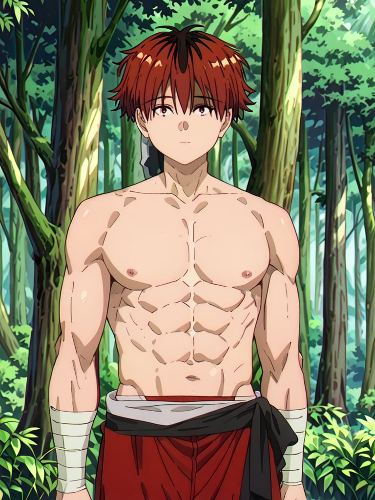 score_9, score_8_up, score_7_up, masterpiece, best quality, 1boy, male_focus, stark_sousou_no_frieren,red hair,red eyes, looking_at_viewer, forest, (shirtless), toned abs, masterpiece, best quality, (perfect proportions), (perfect face, detailed face),