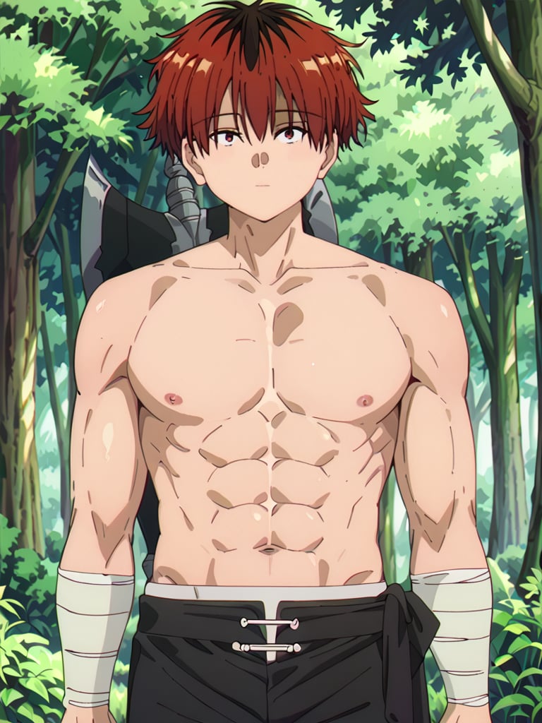 score_9, score_8_up, score_7_up, masterpiece, best quality, 1boy, male_focus, stark_sousou_no_frieren,red hair,red eyes, looking_at_viewer, forest, black pants, (shirtless), toned abs, masterpiece, best quality, (perfect proportions), (perfect face, detailed face), full body