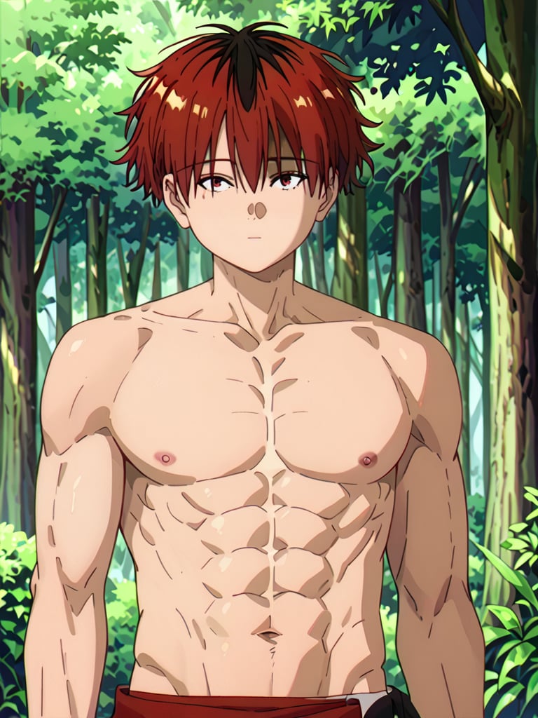 score_9, score_8_up, score_7_up, masterpiece, best quality, 1boy, male_focus, stark_sousou_no_frieren,red hair,red eyes, beautiful eyes, looking_at_viewer, forest, (shirtless), toned abs, masterpiece, best quality, (perfect proportions), (perfect face, detailed face),