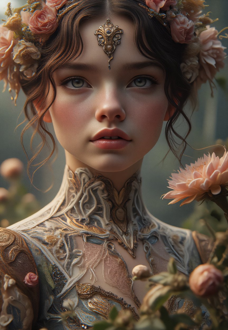 A hot sexy stunning photorealistic portrait of a breathtakingly beautiful girl gazes directly into the camera's lens from a tight, close-up shot. Her porcelain doll-like complexion and luscious locks are set against a lush backdrop of ancient flowers in full bloom within a serene garden, as if transported straight from a mythical realm.