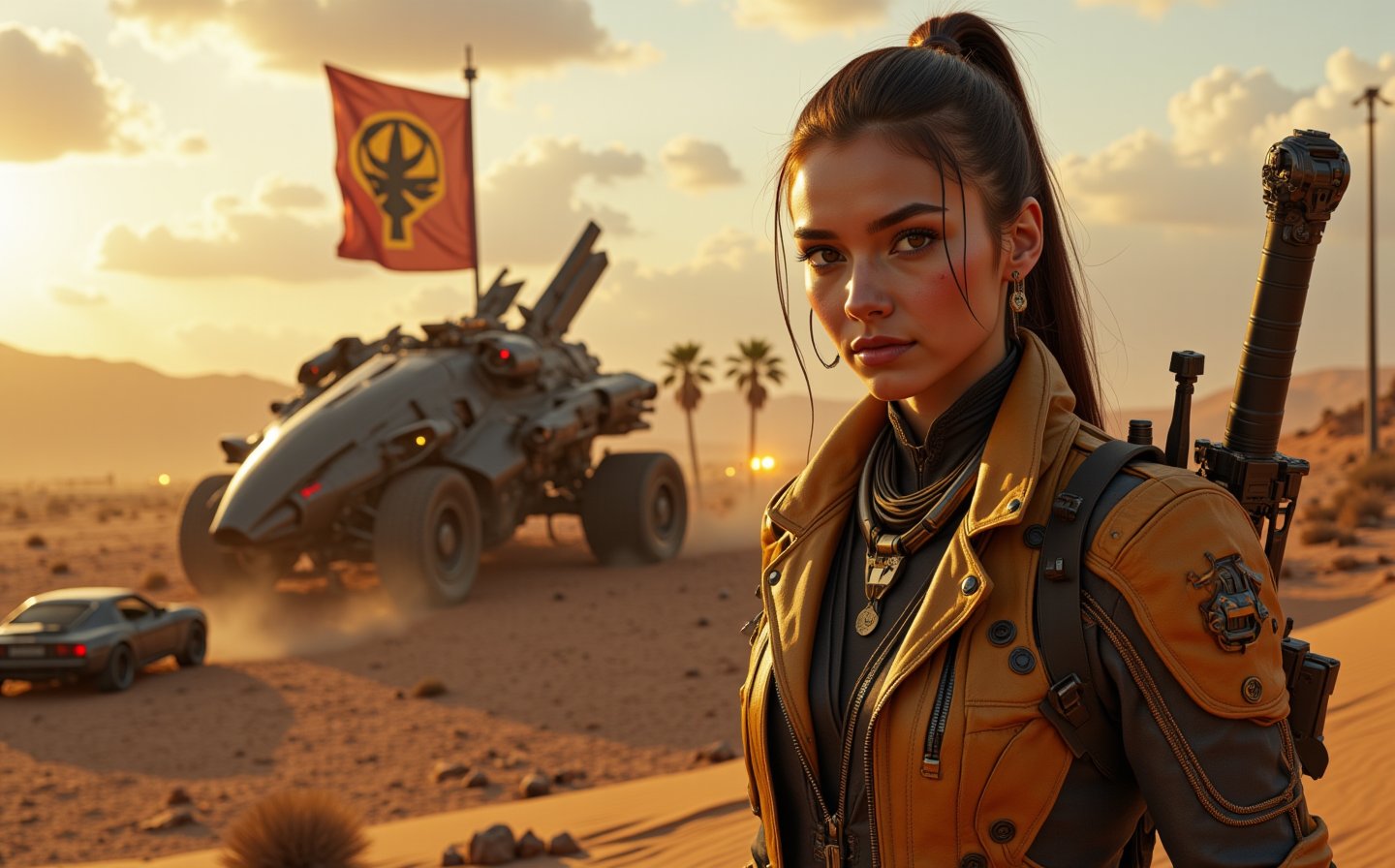 Evening, sun setting, desert, beautiful Russian girl 22 years old, looks at the camera, dressed in cyberpunk clothes, Mad Max style scene, a large robot lies behind, cyberpunk cars are driving in the distance, holds a cyberpunk sword, a flag with a tree image is waving in the background, cars are burning, clouds in the sky, an oasis with palm trees is visible in the distance, there is a half-destroyed big building nearby, half covered in sand