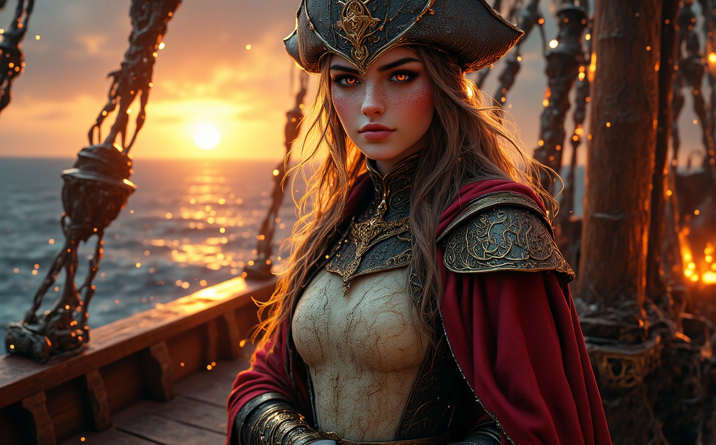 Evening, beautiful Russian girl 22 years old, dressed in shiny magical clothes, realistic facial features, stands on the deck of a pirate ship, the ship is two masted, realistic hands holds a scroll with map,  looking at the camera, a storm is begins, the sun sets, a small dragon sits near her feet, the sails are fluttering