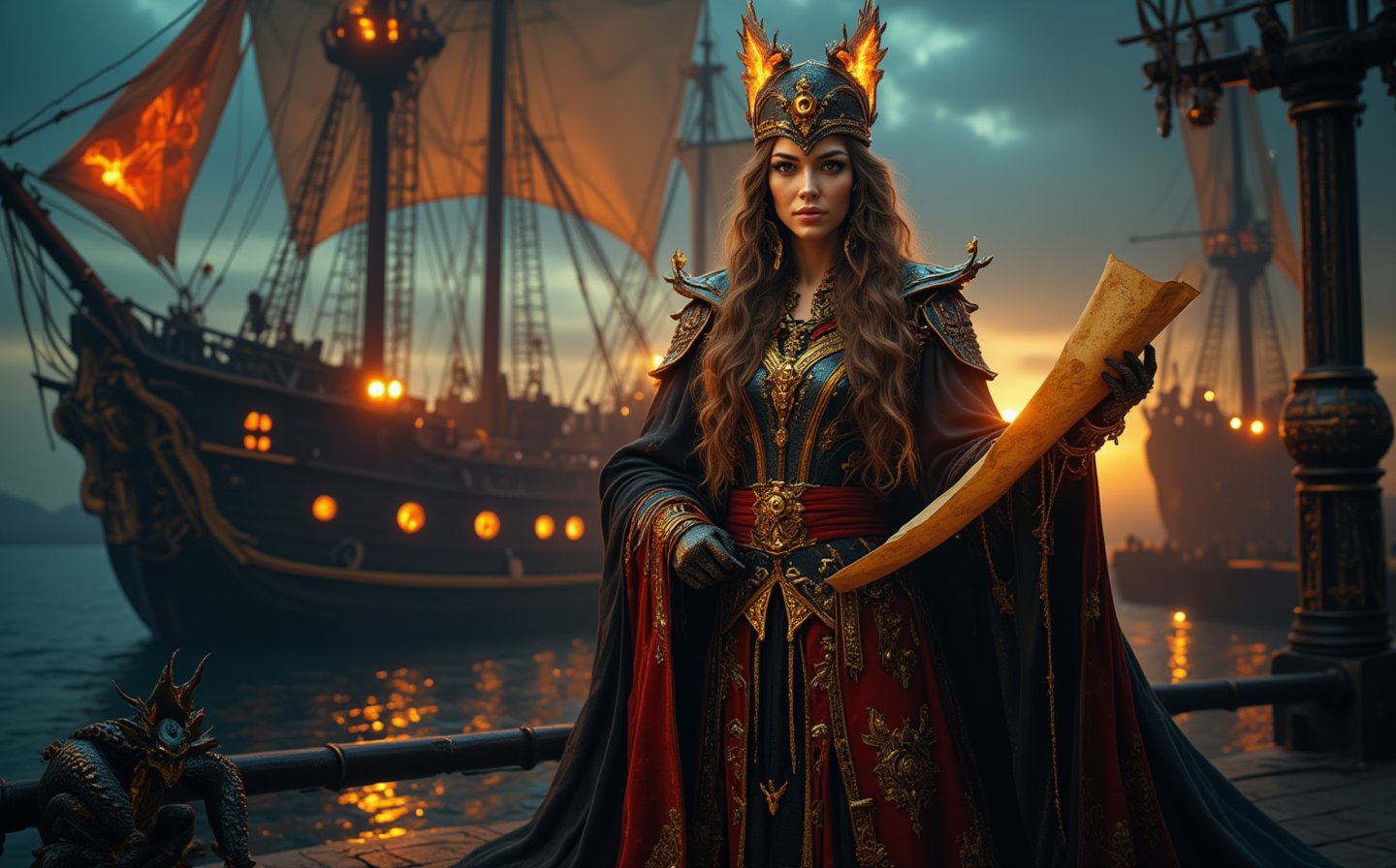 Evening, beautiful Russian girl 22 years old, dressed in shiny magical clothes, realistic facial features, stands on the deck of a pirate ship, the ship is two masted, realistic hands holds a scroll with map,  looking at the camera, a storm is begins, the sun sets, a small dragon sits near her feet, the sails are fluttering