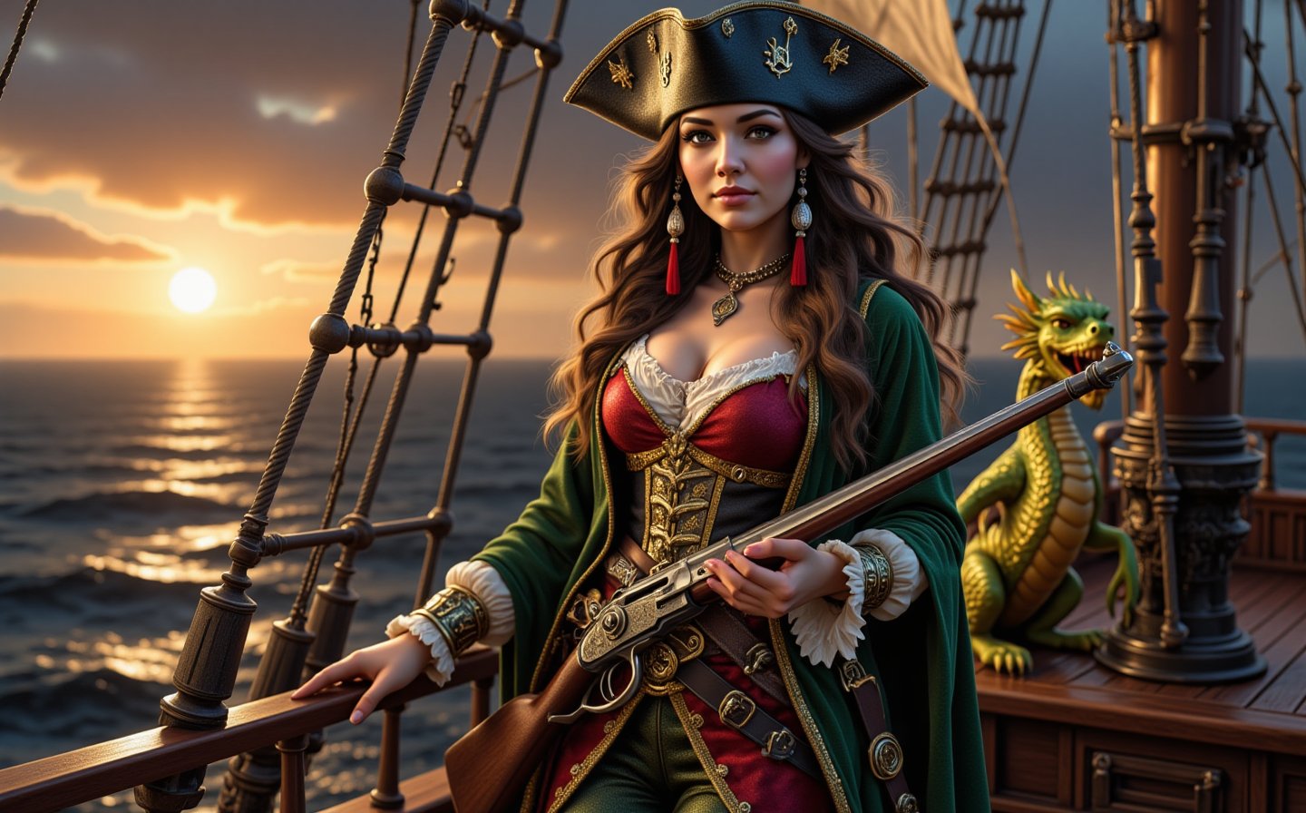 Evening, beautiful Russian girl 22 years old, dressed in shiny magical clothes, realistic facial features, stands on the course on the bridge of a pirate ship, the ship is two masted, realistic hands hold a pirate musket,  looking at the camera, a storm is begins, the sun sets, a small dragon sits near her feet