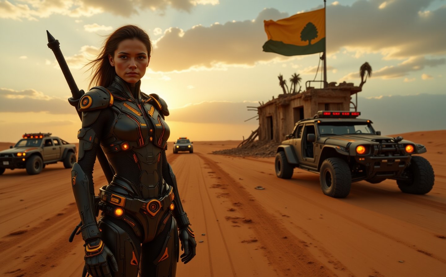 Evening, sun setting, desert, beautiful Russian girl 22 years old, dressed in cyberpunk clothes, Mad Max style scene, stands near a dead robot, cyberpunk cars are driving in the distance, looks at the camera, holds a cyberpunk sword, a flag with a tree image is waving in the background, cars are burning, clouds in the sky, an oasis with palm trees is visible in the distance, there is a half-destroyed building nearby, half covered in sand