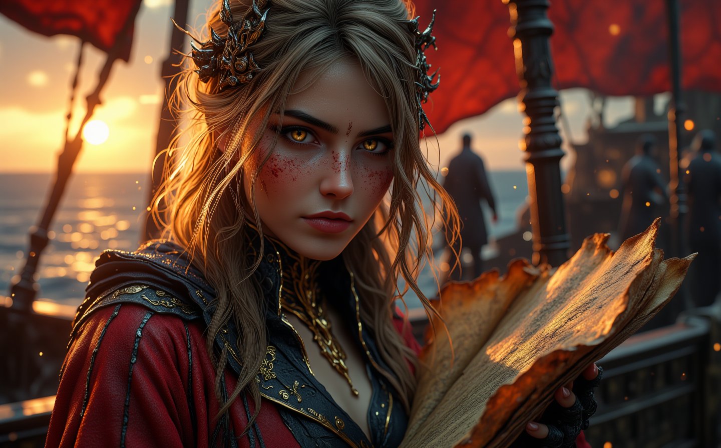 Evening, beautiful Russian girl 22 years old, dressed in shiny magical clothes, realistic facial features, stands on the deck of a pirate ship, the ship is two masted, realistic hands holds a scroll with map,  looking at the camera, a storm is begins, the sun sets, a small dragon sits near her feet, the sails are fluttering