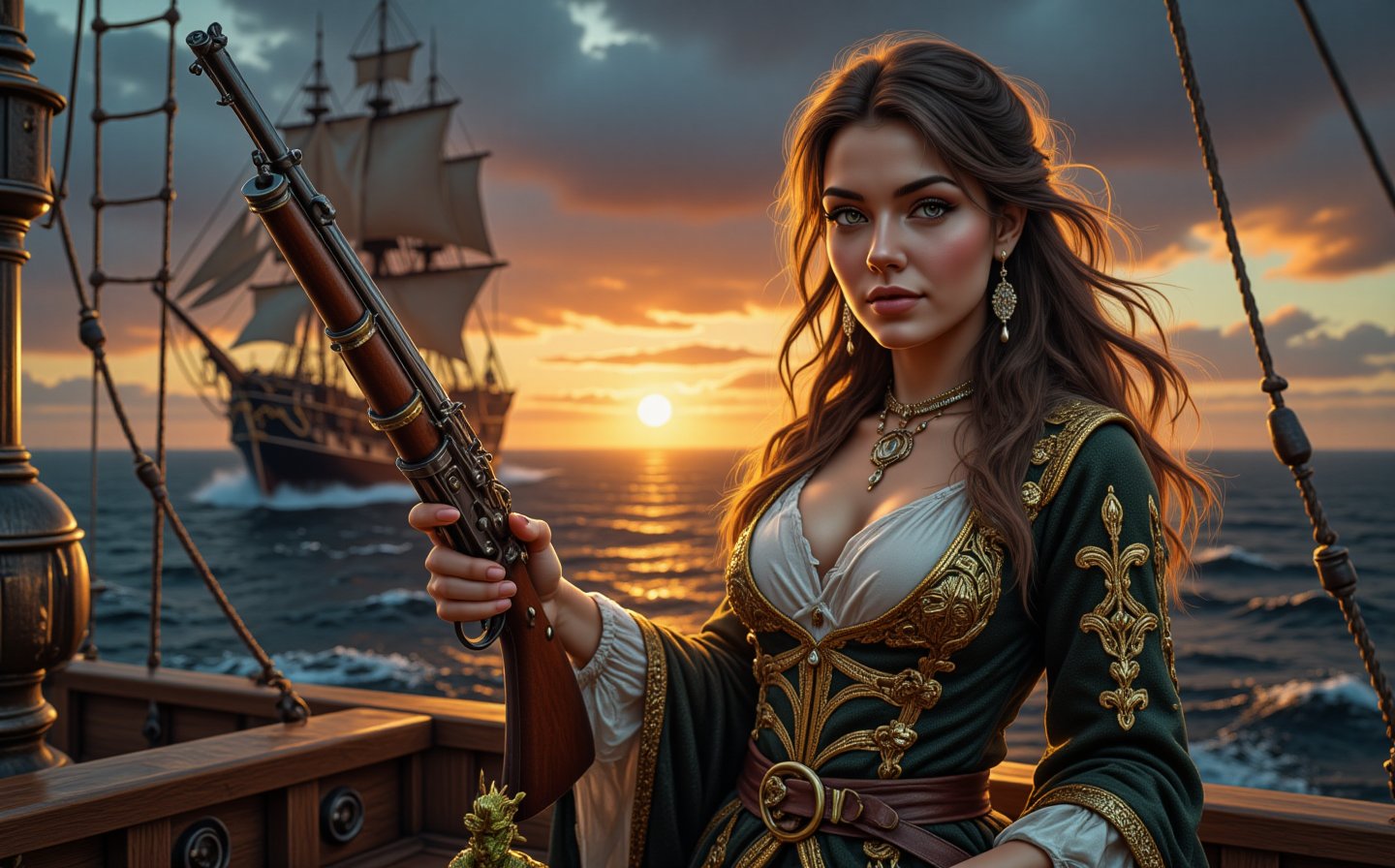 Evening, beautiful Russian girl 22 years old, dressed in shiny magical clothes, realistic facial features, stands on the course on the bridge of a pirate ship, the ship is two-masted, realistic hands hold a pirate musket,  looking at the camera, a storm is begins, the sun sets, a small dragon sits near her feet