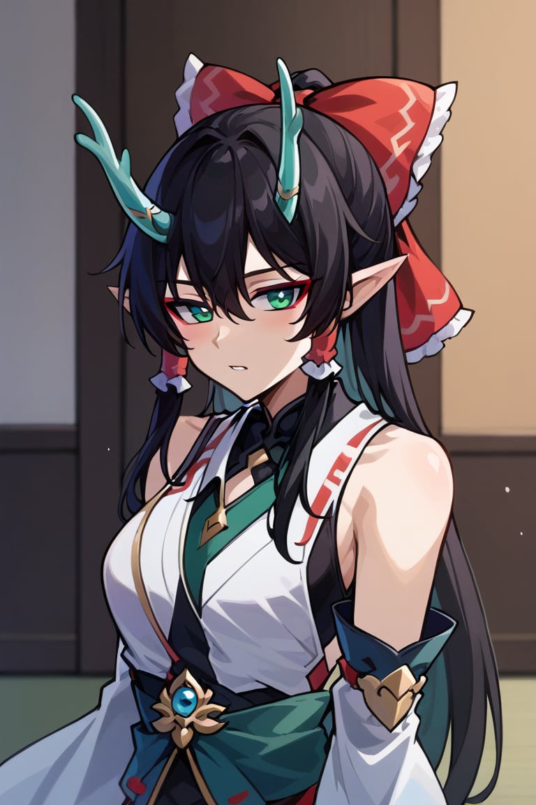 wears large red ribbon in hair just like reimu's, dhil, black hair, long hair, green eyes, red eyeliner, pointy ears, green horns