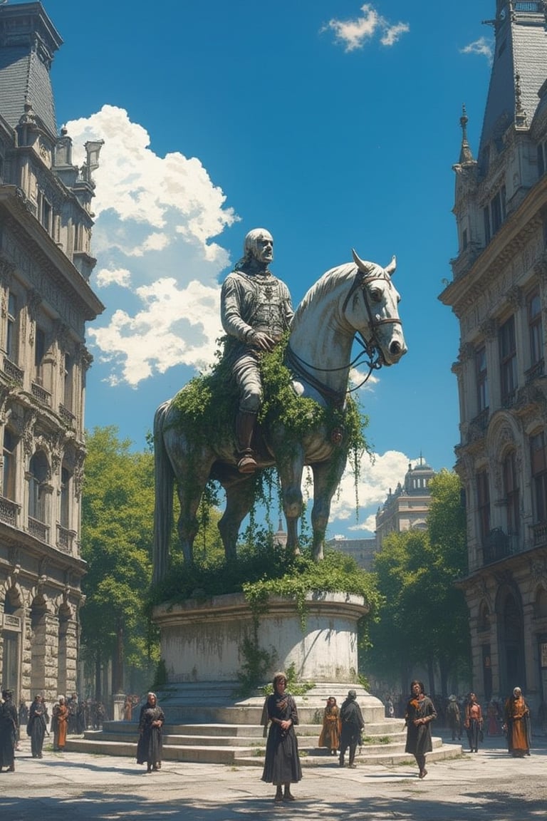 Captured at eye-level on a sunny day, a statue of a man seated atop a horse-like structure. The horse-shaped structure is adorned with green ivy, adding a touch of nature to the scene. The statue, positioned in the center of the frame, is a stark contrast of white and gray, while the building on the left and right are adorned with ornate architecture. The sky is a deep blue, dotted with a few white clouds. A group of people, dressed in dark clothing, stand in front of the statue,Midjourneyart