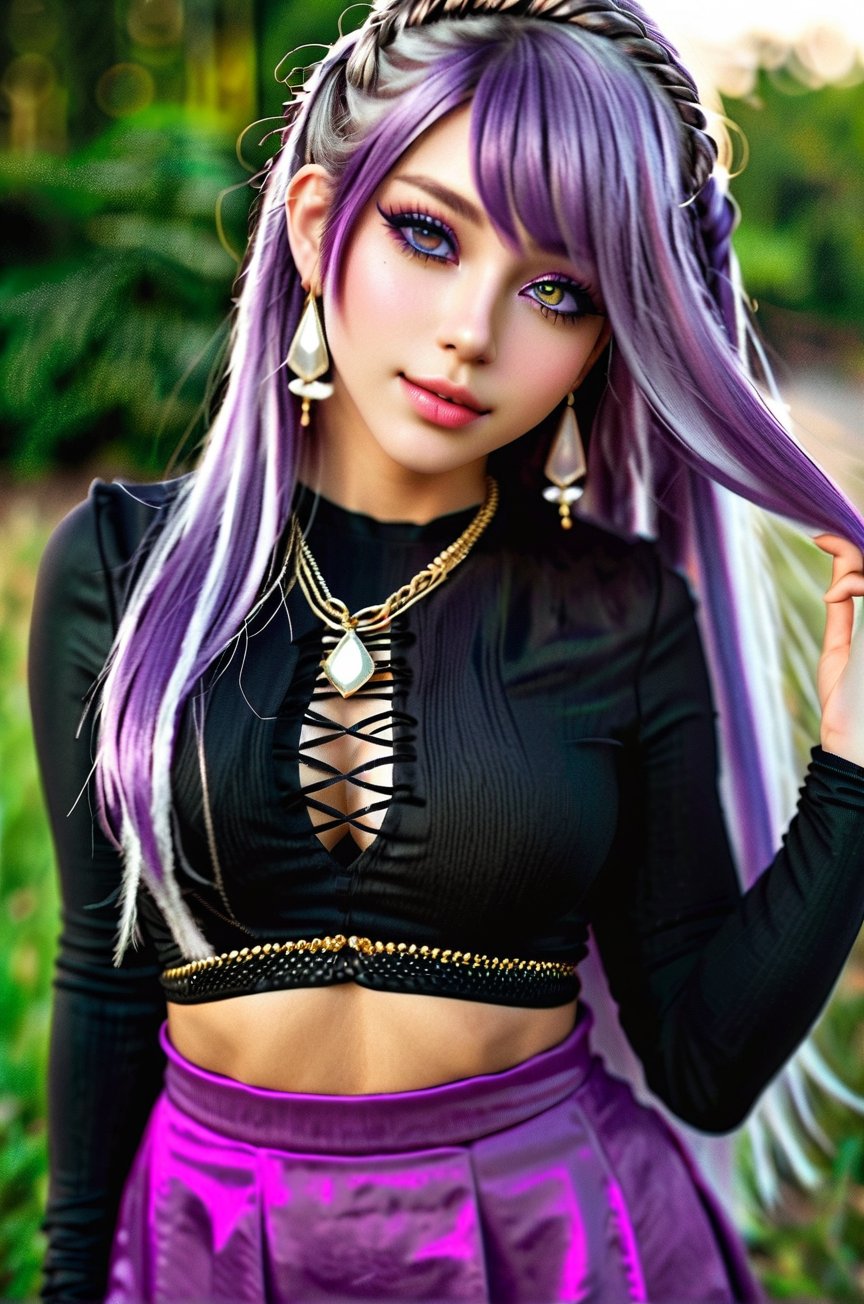 (best quality,4k,8k,highres,masterpiece:1.2),ultra-detailed,(realistic,photorealistic,photo-realistic:1.37),portrait,beautiful detailed eyes,beautiful detailed lips,extremely detailed eyes and face,longeyelashes,long hair,detailed jewelry,vivid colors,smile,skirt,night,purple eyes,multicolor hair,twintails,earrings,(purple skirt:1.5)., 