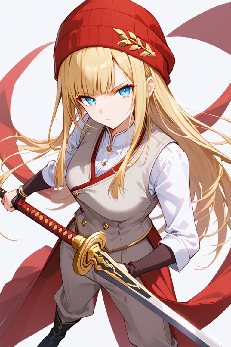 1_swordswoman girl blonde with long straight hair with bangs and strands on the sides, blue eyes, wearing an elegant red winter hat, white vest with gold details, gray long-sleeved t-shirt under the vest, gray loose pants, elegant gold rings , elegant black boots, serious and relaxed, with a sword, looking at the viewer, dynamic pose, aerial hair, looking at viewer, white background, full body.