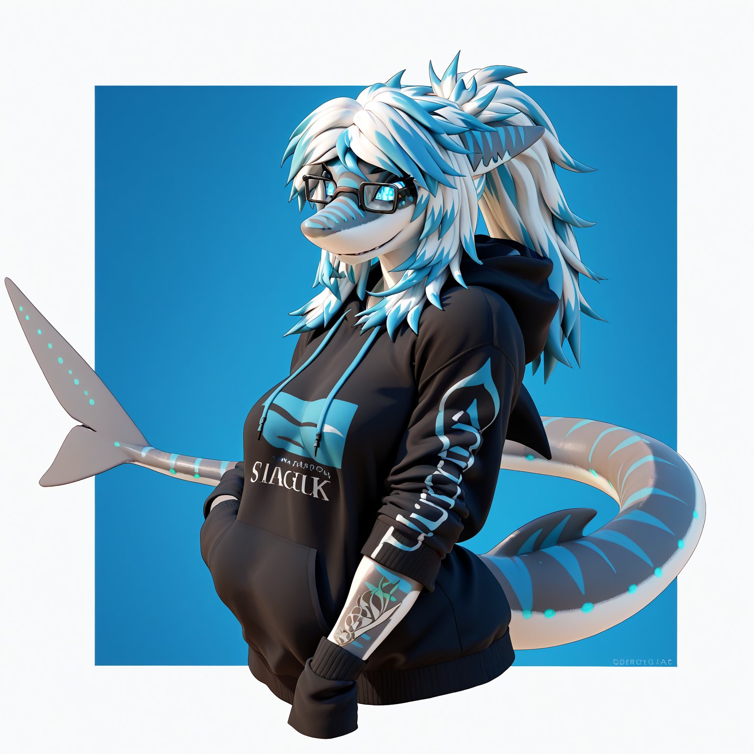 score_9,score_8_up,score_7_up BREAK, SDXL,1girl, long hair, tail, glowing, glowing eyes, anthro, furry male,  shark hybrid, hoodie, glasses, fin ears, blue eyes, shark tail, tattoo, multicolored hair, multicolored skin, Shark girl