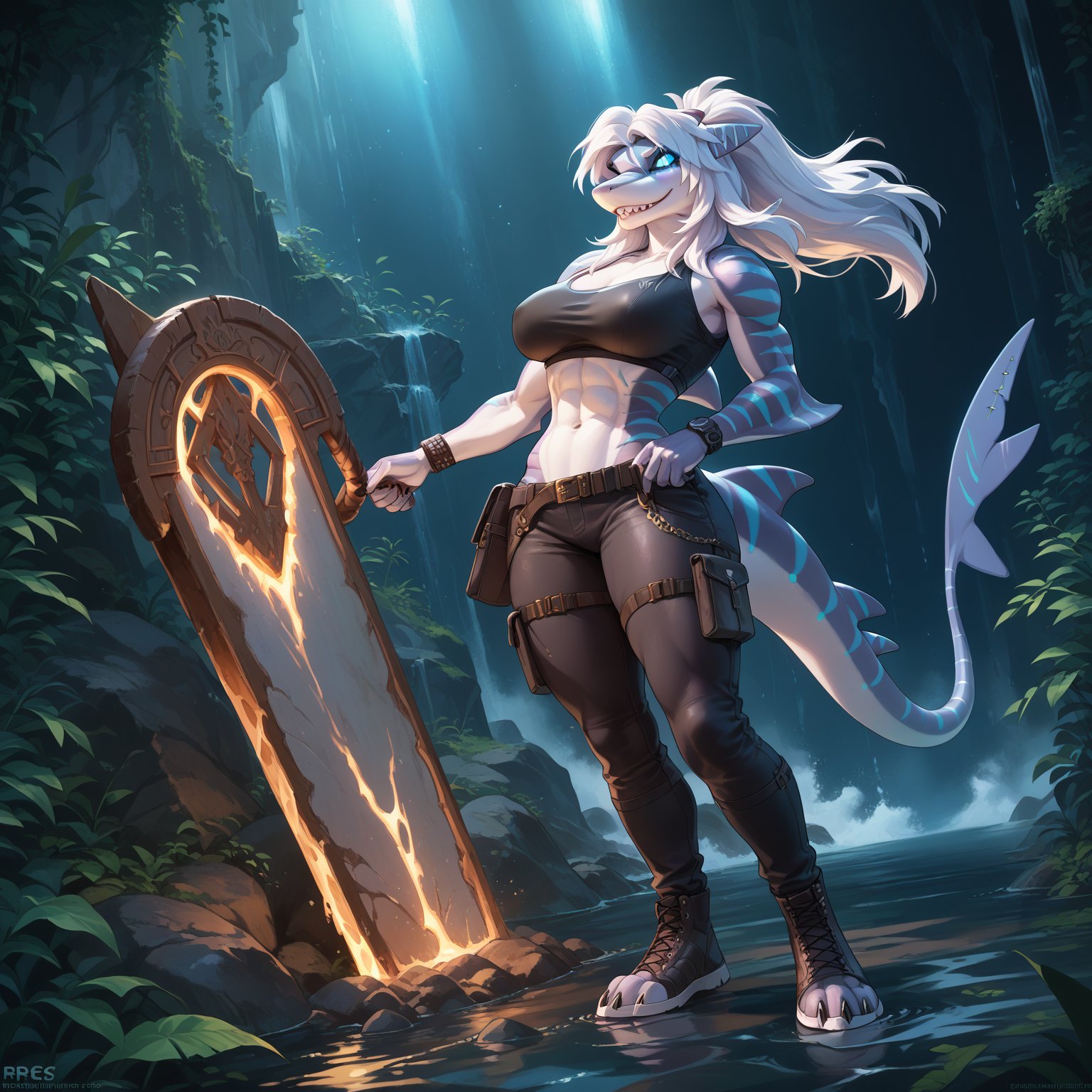 score_9,score_8_up,score_7_up BREAK, SDXL,1girl, long hair, navel, tail, white hair, glowing, glowing eyes, furry, furry female, shark girl, shark tail