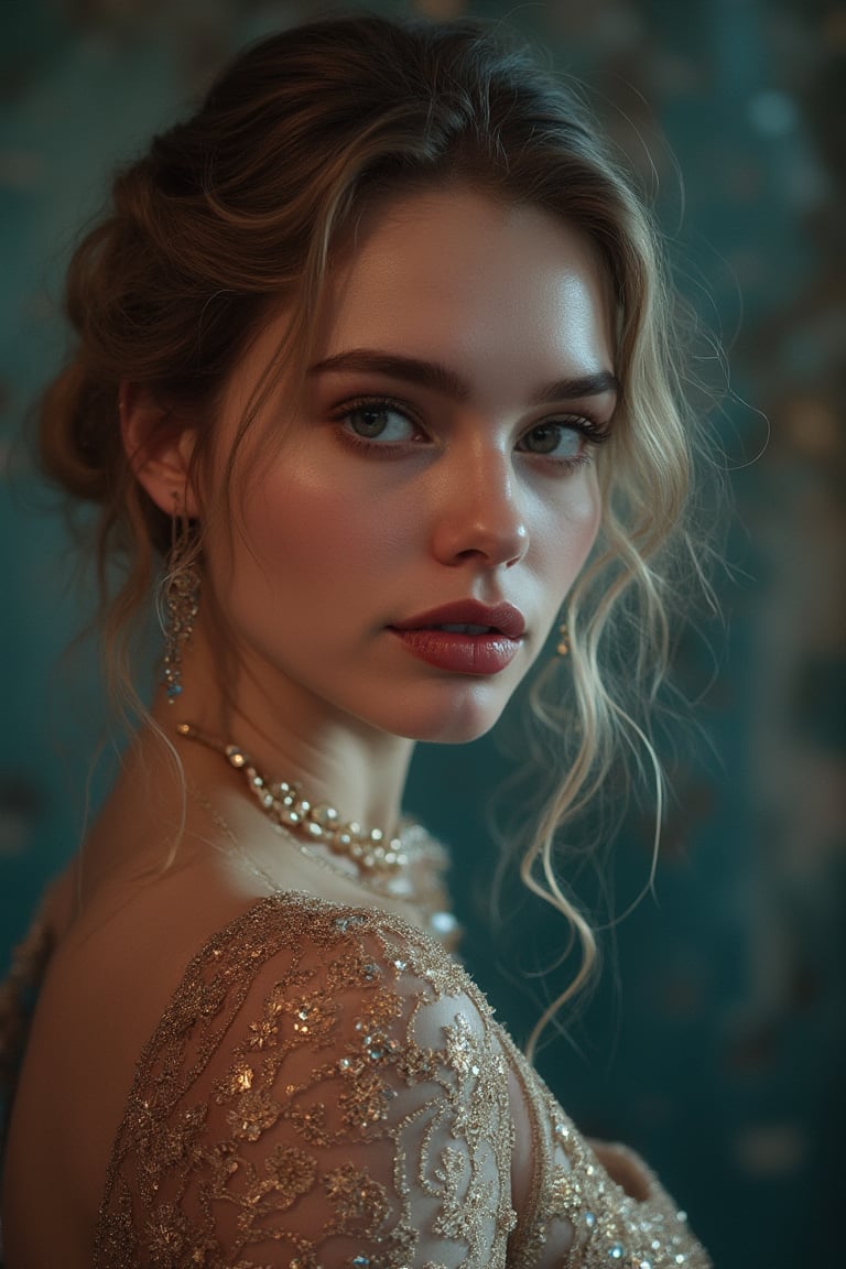 Cinematic, 3/4 body shot, full body shot, shimmering lighting, prismatic effect, dream-like textures, ultra realistic, ultra detailed textures, a beautiful young woman's candid,  looking at the viewer, wearing a fancy high neck dress. krst