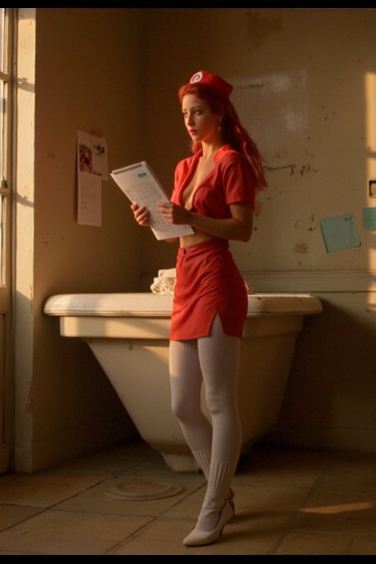  A beautiful crypt, god rays lighting, 19 year old rebellious beauty, her fancy nurse outfit with white heels and holding a hospital chart book, and edgy pose commanding attentio, she looks serious, looking at the viewer, at a sinister intent as she stands front and center, bathed in warm golden light that accentuates her striking features. ultra detailed, ultra defined face and colors