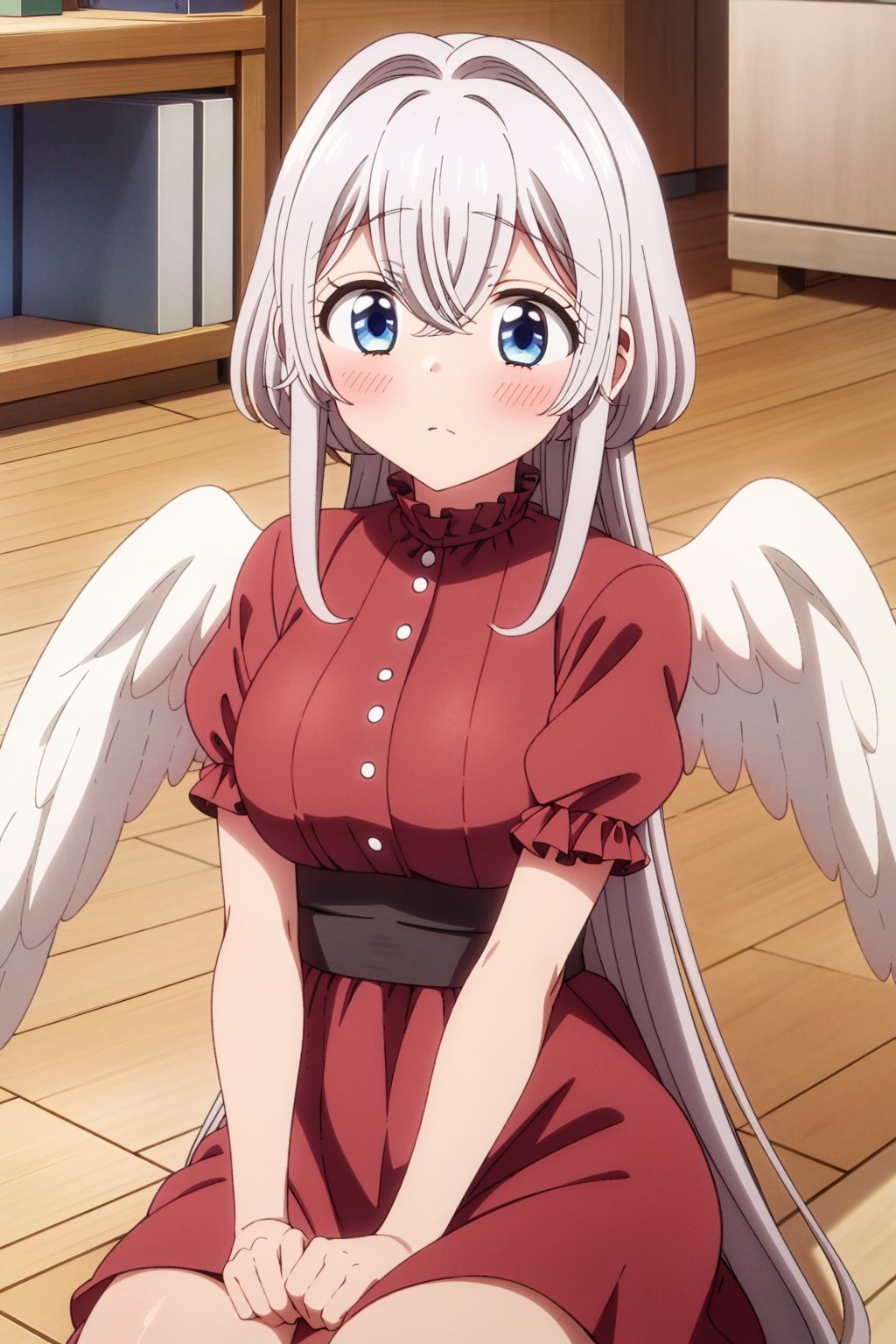 masterpiece, high quality,towa, long hair, blue eyes, white hair, 1girl, solo, blush, wooden floor, hair between eyes, indoors,on floor, very long hair, red dress , big angel wings