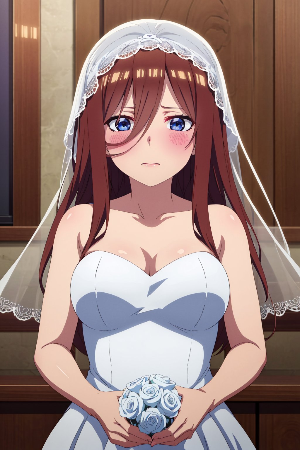 mikunakano, 4k, absurd, high resolution, very high resolution, high definition, masterpiece, long hair, brown hair, blue eyes, hair between the eyes, shiny hair, blush, embarrased, white wedding dress, sheer bridal veil, bridal veil over the head