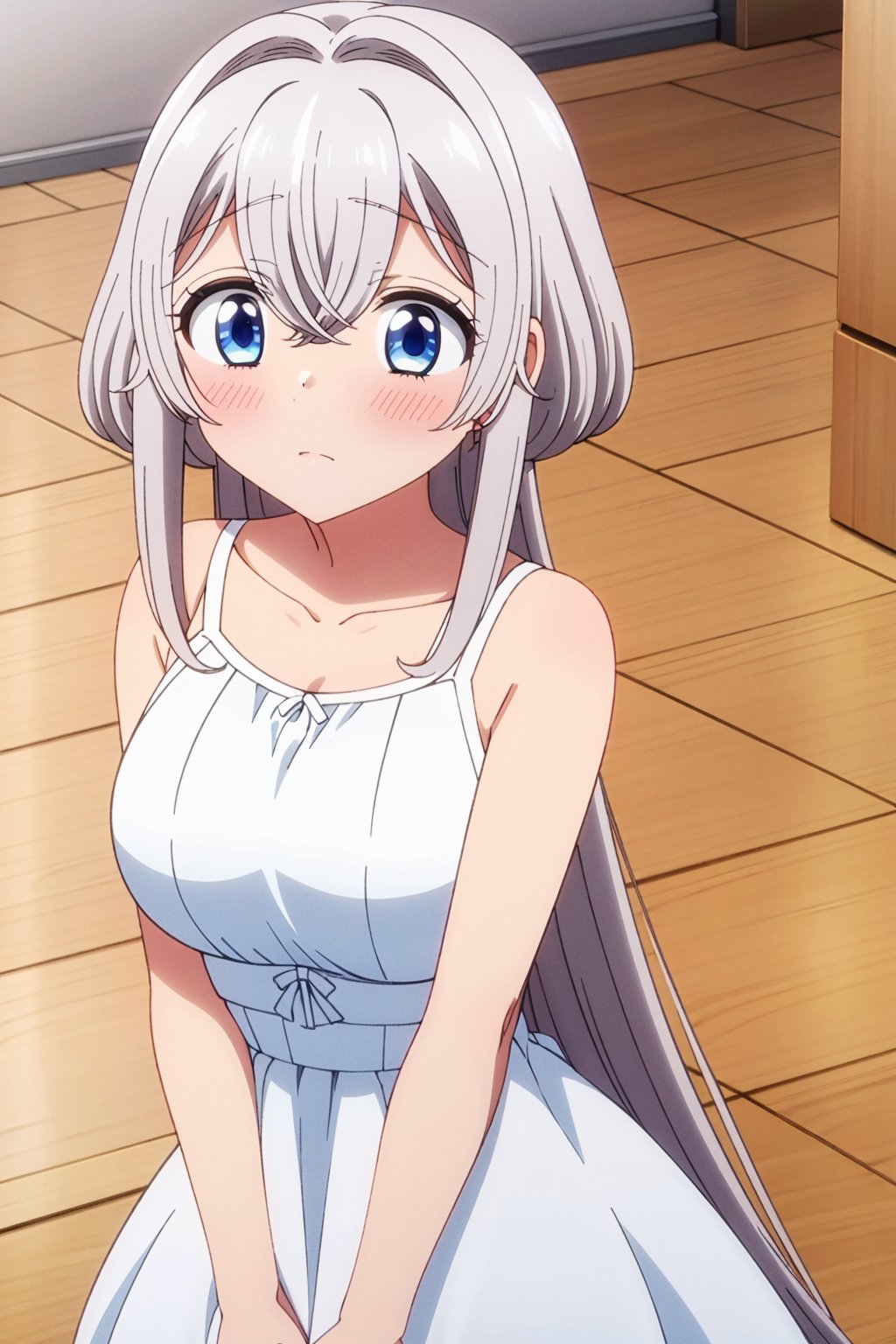 masterpiece, high quality,towa, long hair, blue eyes, white hair, 1girl, solo, blush, wooden floor, hair between eyes, indoors,on floor, collarbone, very long hair, white dress, blue round diamond on top of dress, big angel wings behind the back