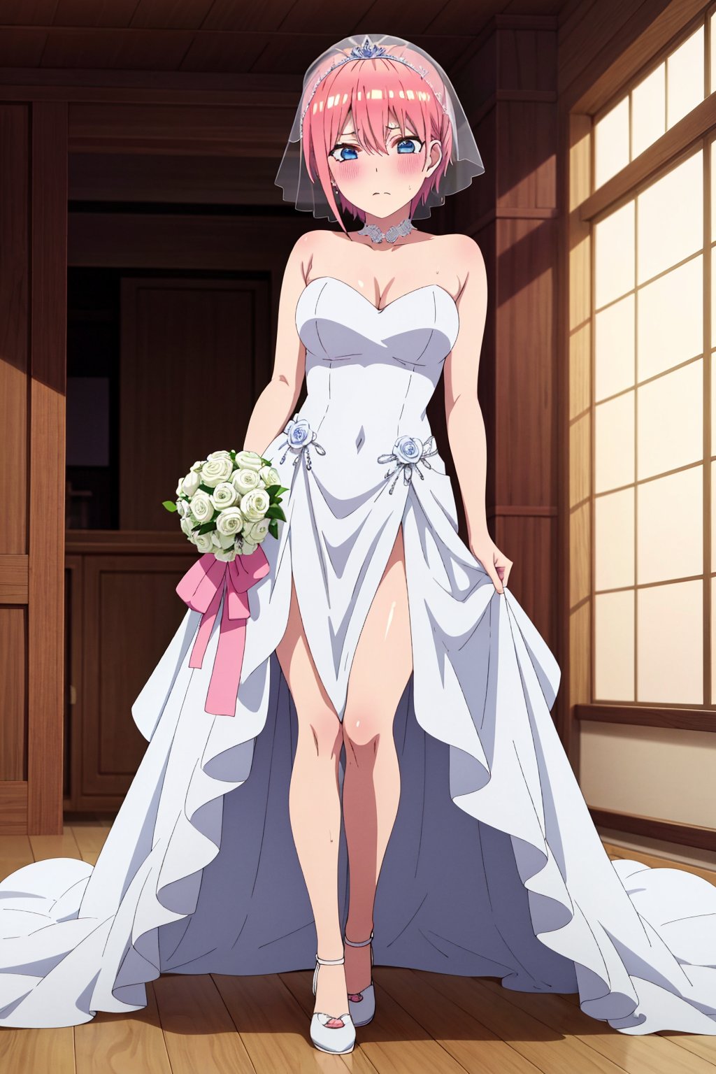 ichikanakano, 4k, absurd, high resolution, very high resolution, high definition, masterpiece, short hair, pink hair, blue eyes, hair between the eyes, shiny hair, blush, embarrased, white wedding dress, sheer bridal veil, bridal veil over the head