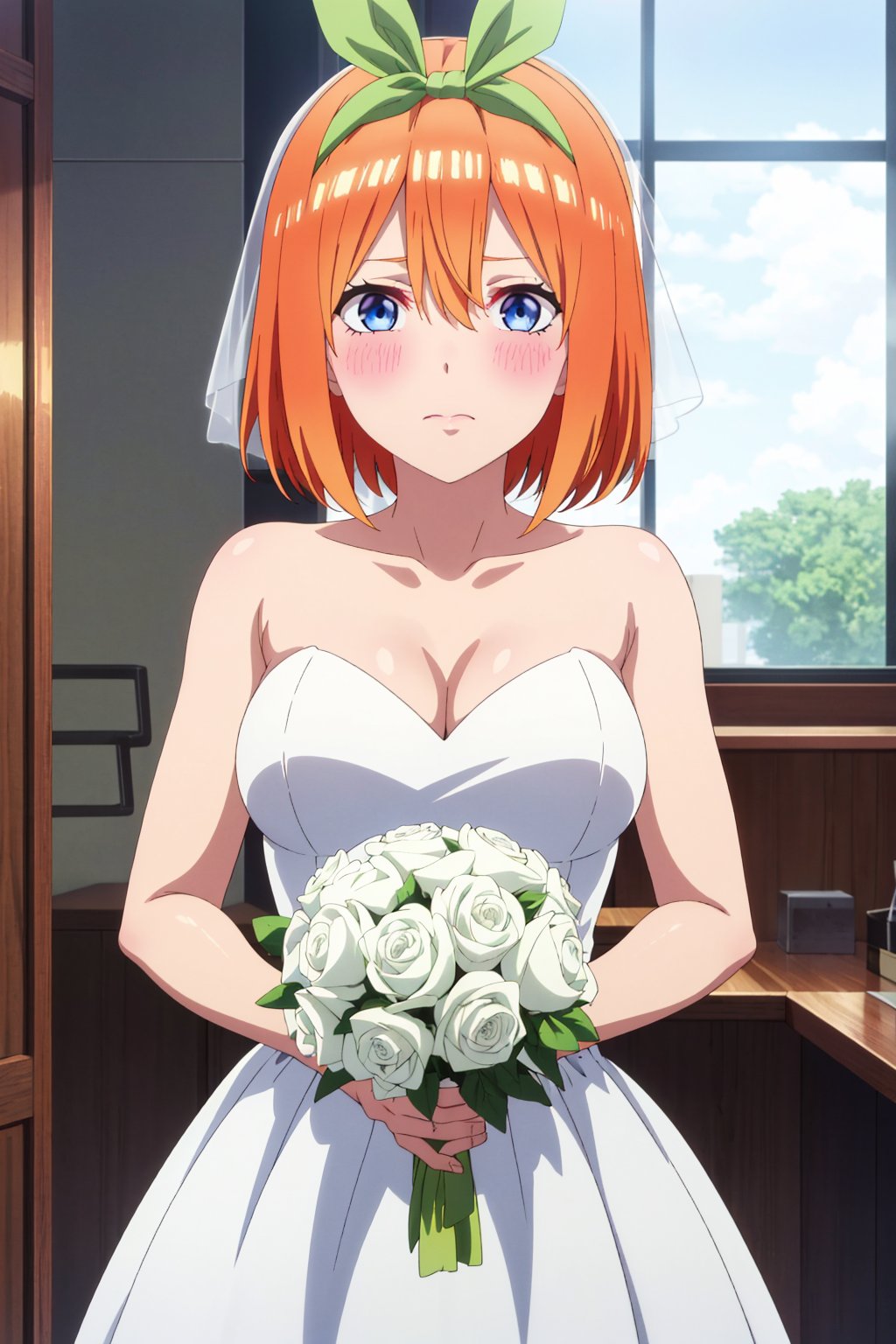 yotsubanakano, 4k, absurd, high resolution, very high resolution, high definition, masterpiece, short hair, orange hair, hair ribbon, green ribbon, blue eyes, hair between the eyes, shiny hair, blush, embarrased, white wedding dress, sheer bridal veil, bridal veil over the head