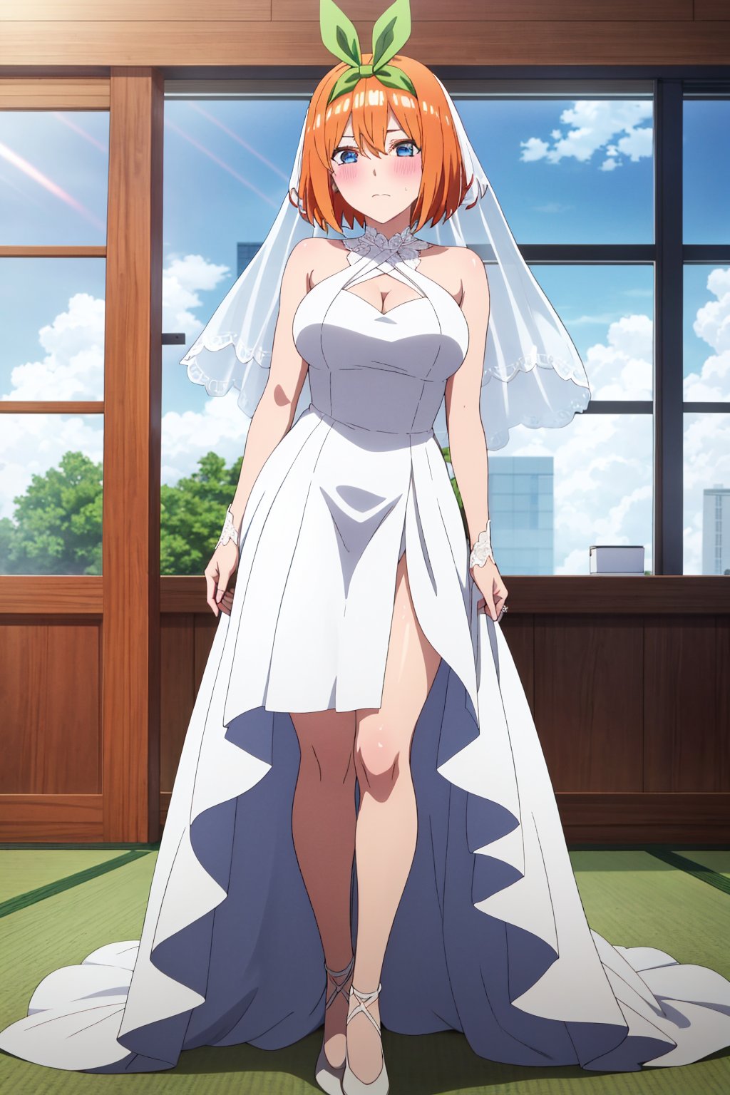 yotsubanakano, 4k, absurd, high resolution, very high resolution, high definition, masterpiece, short hair, orange hair, hair ribbon, green ribbon, blue eyes, hair between the eyes, shiny hair, blush, embarrased, white wedding dress, sheer bridal veil, bridal veil over the head