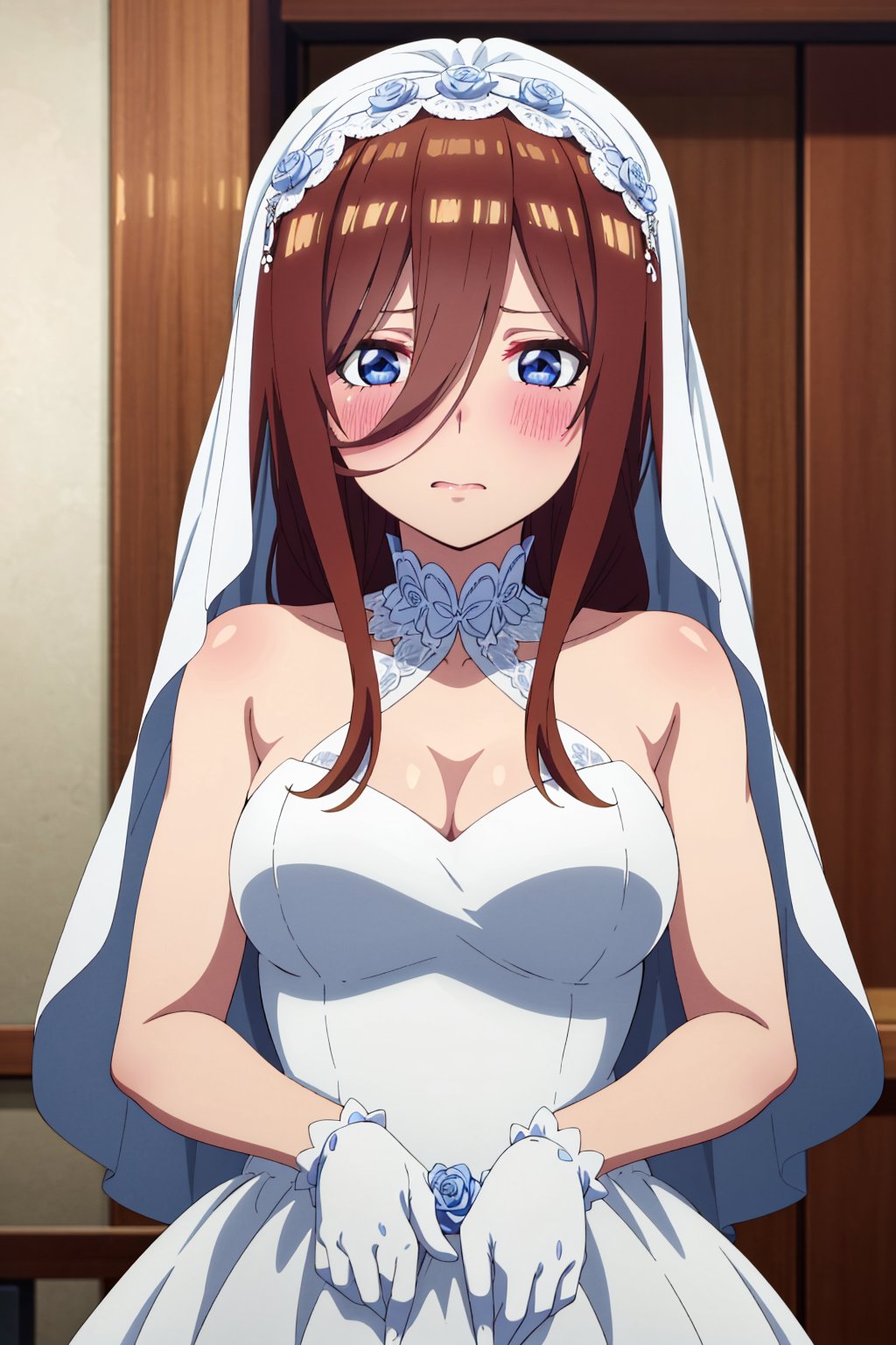 mikunakano, 4k, absurd, high resolution, very high resolution, high definition, masterpiece, long hair, brown hair, blue eyes, hair between the eyes, shiny hair, blush, embarrased, white wedding dress, sheer bridal veil, bridal veil over the head