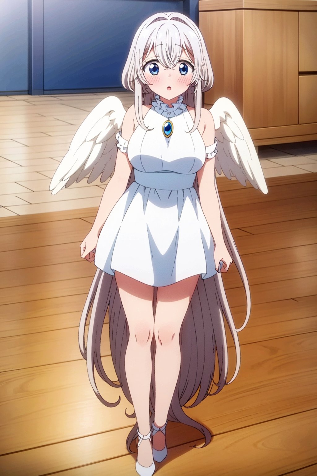 masterpiece, high quality,towa, long hair, blue eyes, white hair, 1girl, solo, blush, wooden floor, hair between eyes, indoors,on floor, very long hair, long white dress, open angel wings