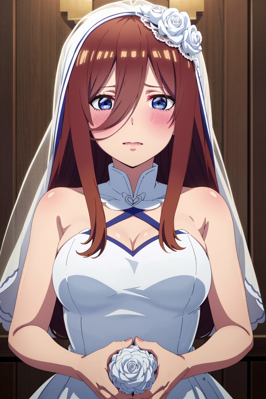 mikunakano, 4k, absurd, high resolution, very high resolution, high definition, masterpiece, long hair, brown hair, blue eyes, hair between the eyes, shiny hair, blush, embarrased, white wedding dress, sheer bridal veil, bridal veil over the head