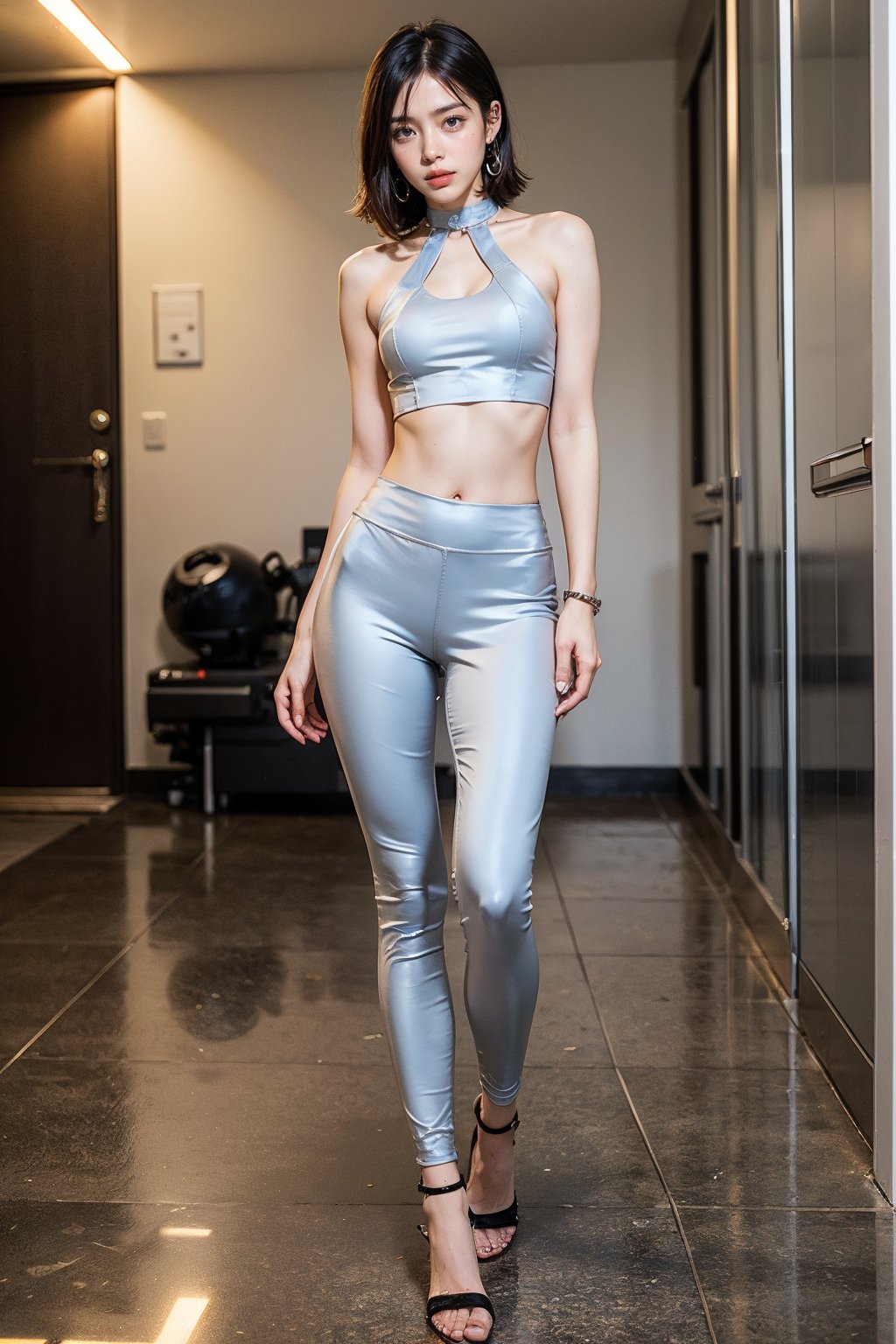 (Best Quality, 8k, 32k, Original Photo, Photorealistic, Ultra HD: 1.2), Realistic Rendering, looking at viewer, straight bob with long bangs, 16yo slender Korean fitness model, extremely slender, tight body, sexy pose, angry smile, extremely slim waist, choker, massive hoop earrings, ((halter crop top, skin tight grey leggings)), stiletto high heels, masterpiece, best quality, photorealistic, high resolution, 8K raw photo, skirt_lift,Nice legs and hot body