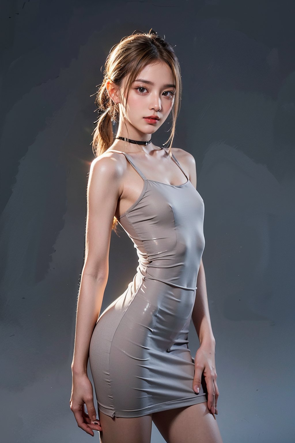 (Best Quality, 8k, 32k, Original Photo, Photorealistic, Ultra HD: 1.2), Realistic Rendering, looking at viewer, platinum blonde, (twin pigtails), 16yo slender Korean fitness model, extremely slender, tight body, sexy pose, angry smile, extremely slim waist, choker, massive hoop earrings, ((skin tight translucent grey dress)), stiletto high heels, masterpiece, best quality, photorealistic, high resolution, 8K raw photo, skirt_lift