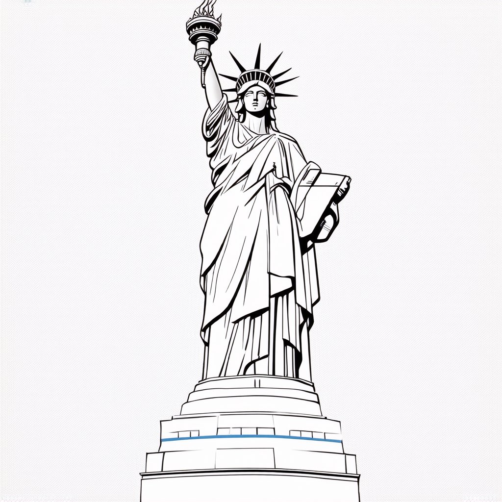 Concept sketch of the Statue of Liberty, detailed line art with a minimalist style, standing tall against a simple background, dynamic lighting emphasizing her iconic torch and crown, composition focusing on her powerful pose, location set in a conceptual, abstract space, subject centered with a strong, bold outline.