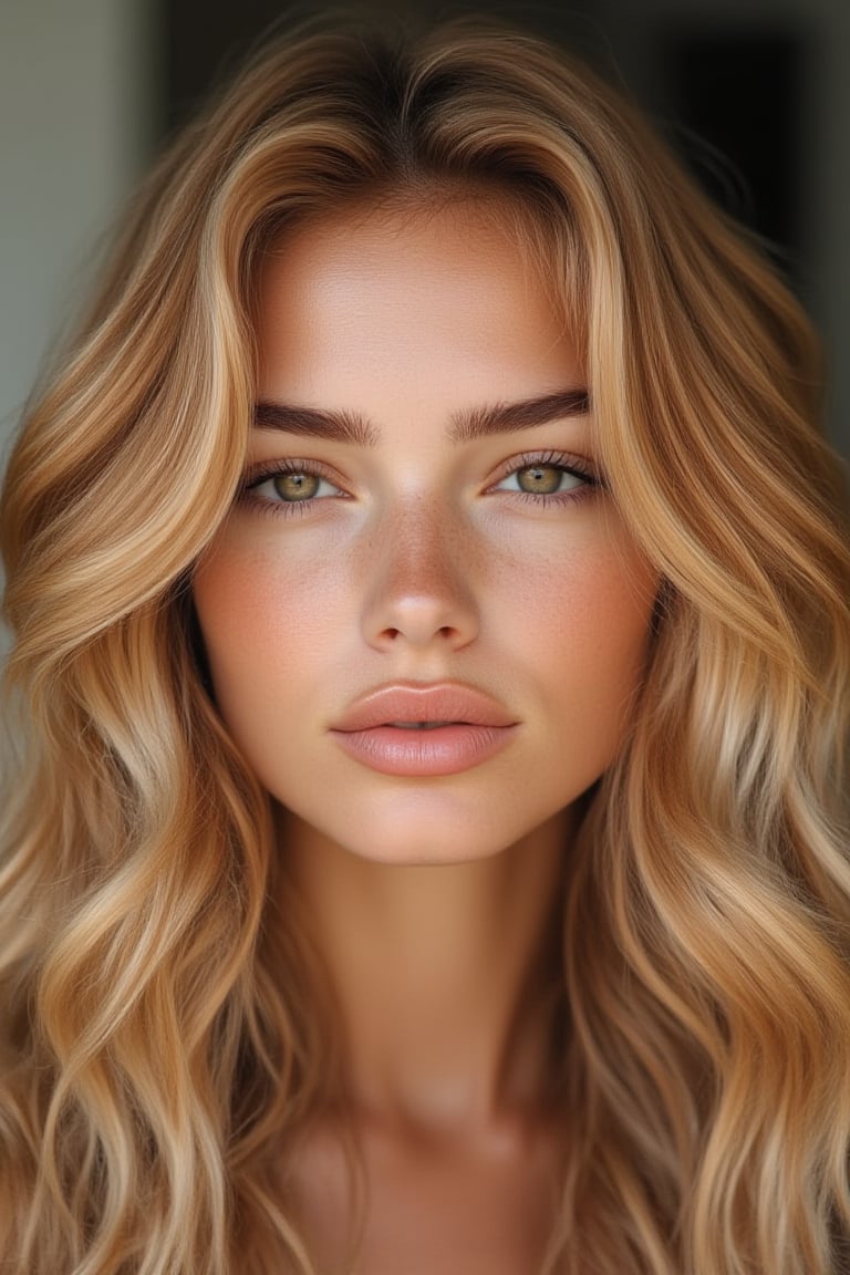 A 25-year-old woman with striking facial features, high cheekbones, and a defined jawline. Warm brown eyes are expressive and deep, long wavy blonde hair cascades over her shoulders with a natural shine. Fair complexion, confident yet approachable expression. Softly blurred background, subtle natural light enhancing her features, close-up shot focusing on her face and hair.