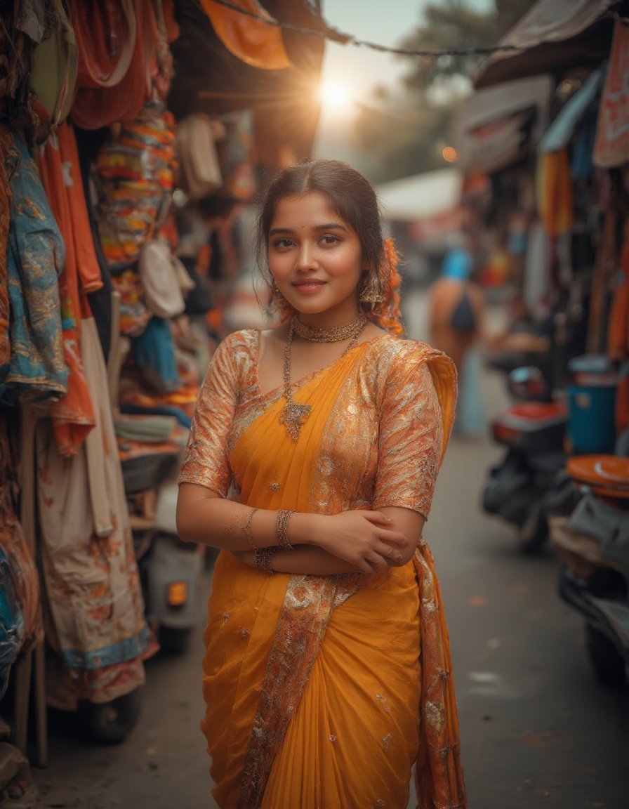  A cinematic portrait of a woman in a traditional sari, standing in a vibrant Indian marketplace, bright fabrics and colors surrounding her, golden afternoon light shining on her face, joyful smile, soft-focus background. Detailed and rich textures, hd quality