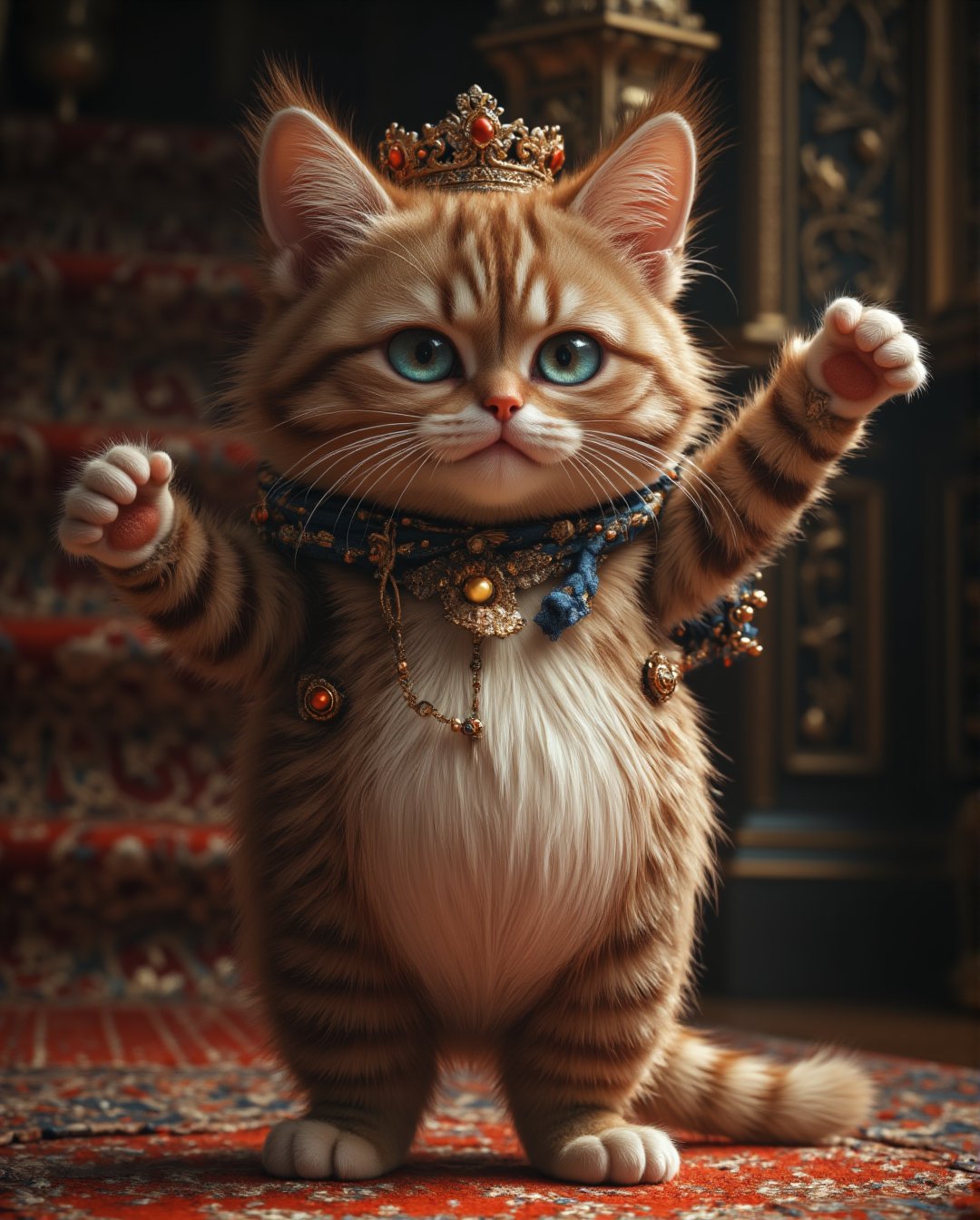 handsome , grumpy, With the crown on,,cute British short haired cat with a belly, the movement of one's arms up, Exaggerated action, 3D character, royal background, a little hairy, elongated shape, cartoon style, minimalism --chaos 12 --ar 2:3 --style raw --stylize 200 --iw 0.3 --v 6.0
