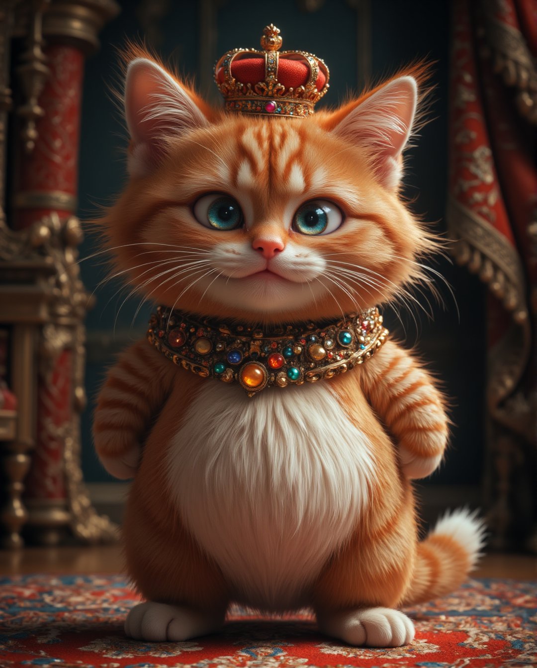 handsome , grumpy, With the crown on,,cute British short haired cat with a belly, the movement of one's arms up, Exaggerated action, 3D character, royal background, a little hairy, elongated shape, cartoon style, minimalism --chaos 12 --ar 2:3 --style raw --stylize 200 --iw 0.3 --v 6.0
