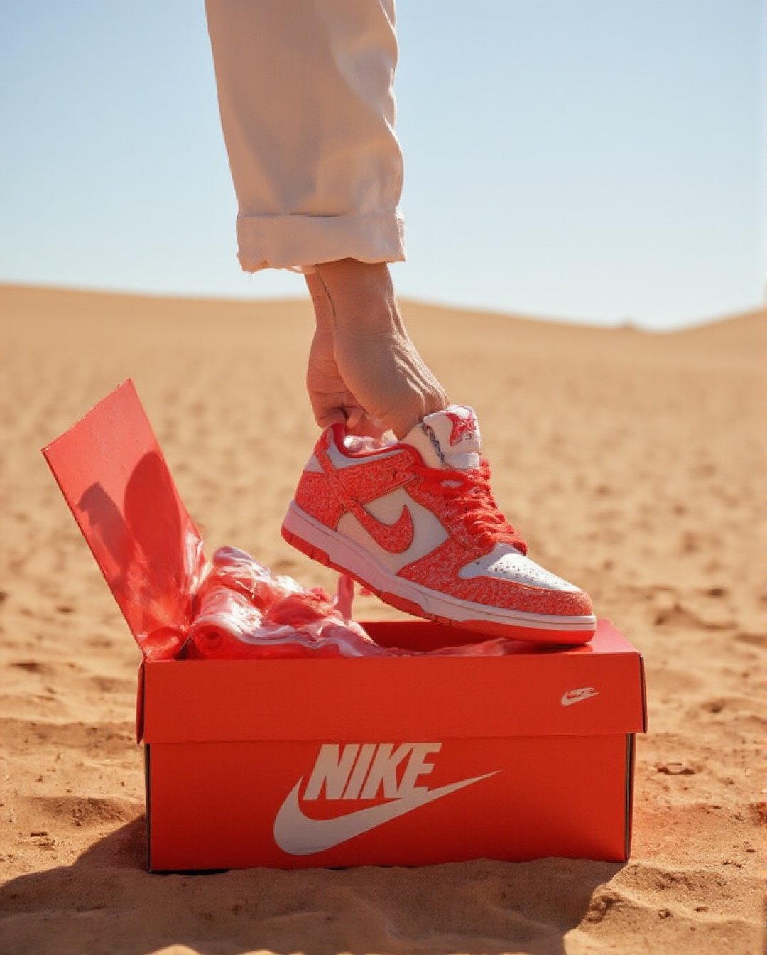 Generate a surreal image of a human hand reaching from inside an opened red Nike shoe box to the top, holding a Nike Dunk shoe. The shoe box has a bright red color with the iconic white Nike logo prominently displayed. The entire scene is set in a vast, sandy desert, with the shoe box standing alone against the barren landscape. The contrast between the sleek, modern design of the Nike shoe and the desolate desert environment should create a unique, eye-catching composition