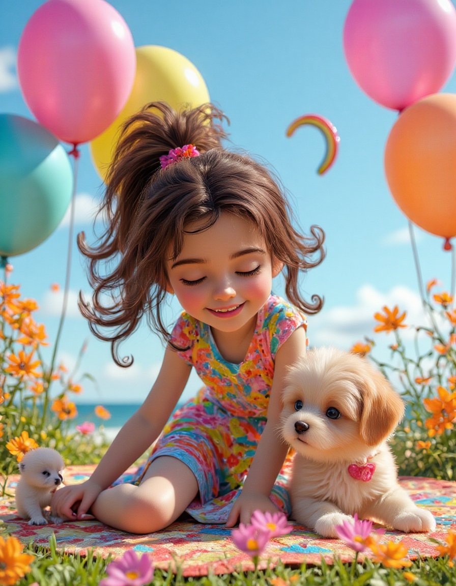 A whimsical and lively 3D render illustration captures the essence of pure joy as a cheerful young girl plays with a vibrant, rainbow-colored puppy. The girl, dressed in a stunning, patterned dress with splashes of bright colors, shares a loving moment with her playful companion. Surrounding them is a festive atmosphere, complete with rainbow-colored balloons, a curious kitten, and a beautiful, blooming flower. The artist has skillfully rendered the scene with a delightful painting style, evoking the true spirit of youthful happiness and boundless imagination., illustration, 3d render