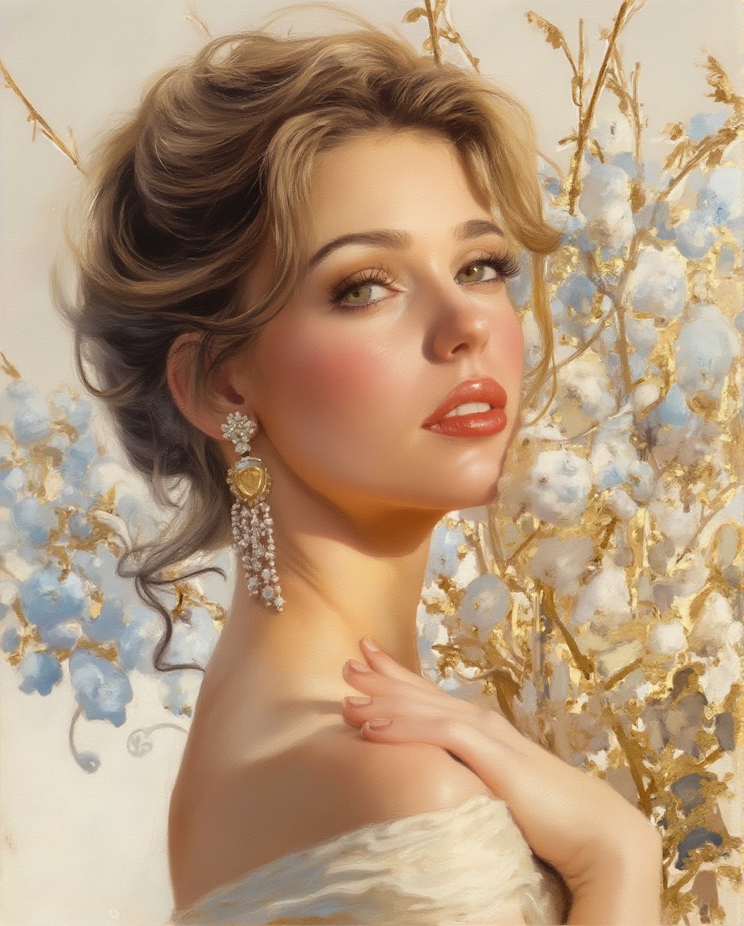 Watercolor painting art in the style of Konstantin Razumov
Portrait of an elegant and pristine young lady 
Winter
hair up, jewelry 
Pleasure moment 
light gold and platinum background 