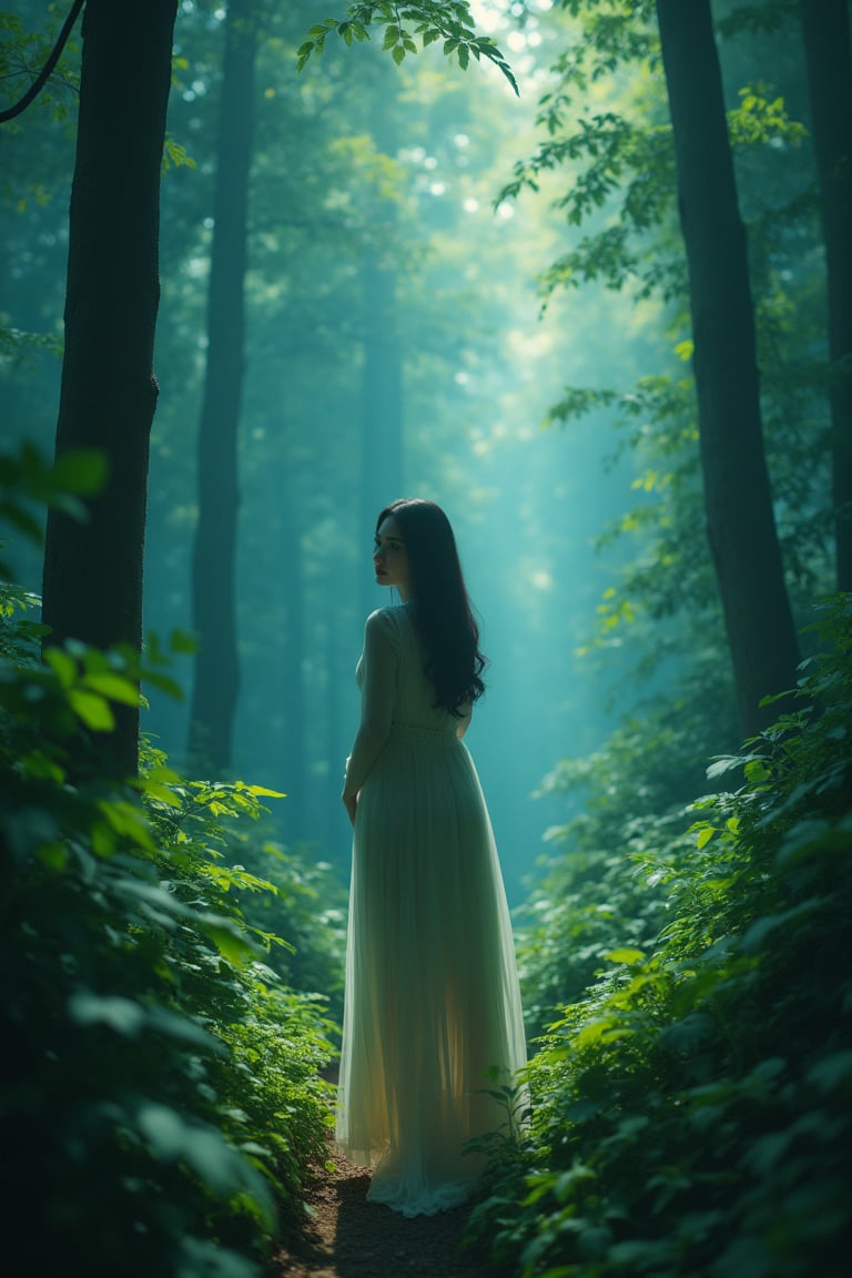 A serene forest scene with dreamy vibes, captured in high-resolution isometric view. The image features a full-body figure standing elegantly amidst lush greenery, bathed in cool, bright tones. The lighting is soft and ethereal, enhancing the detailed skin and intricate forest textures. The composition is balanced, with ultra-sharp focus and pure perfection, showcasing extreme detail and bright colors. This masterpiece is enhanced for high-quality realism, trending on ArtStation.