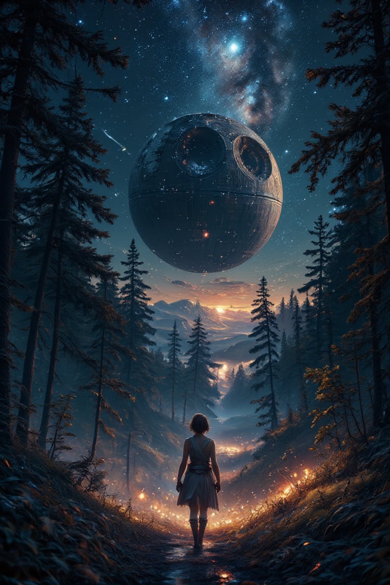 Ultra High quality image of (Rey Skywalker) walking alone, abandoned and stranded on clif and with ((distant view) of milky way in the night sky), (half destroyed death star), dystopian, dramatic lighting, perfect image for Mobile wallpaper, 16K, UHD, ((masterpiece)), ((best quality)), full image size, ((greatest of all time))